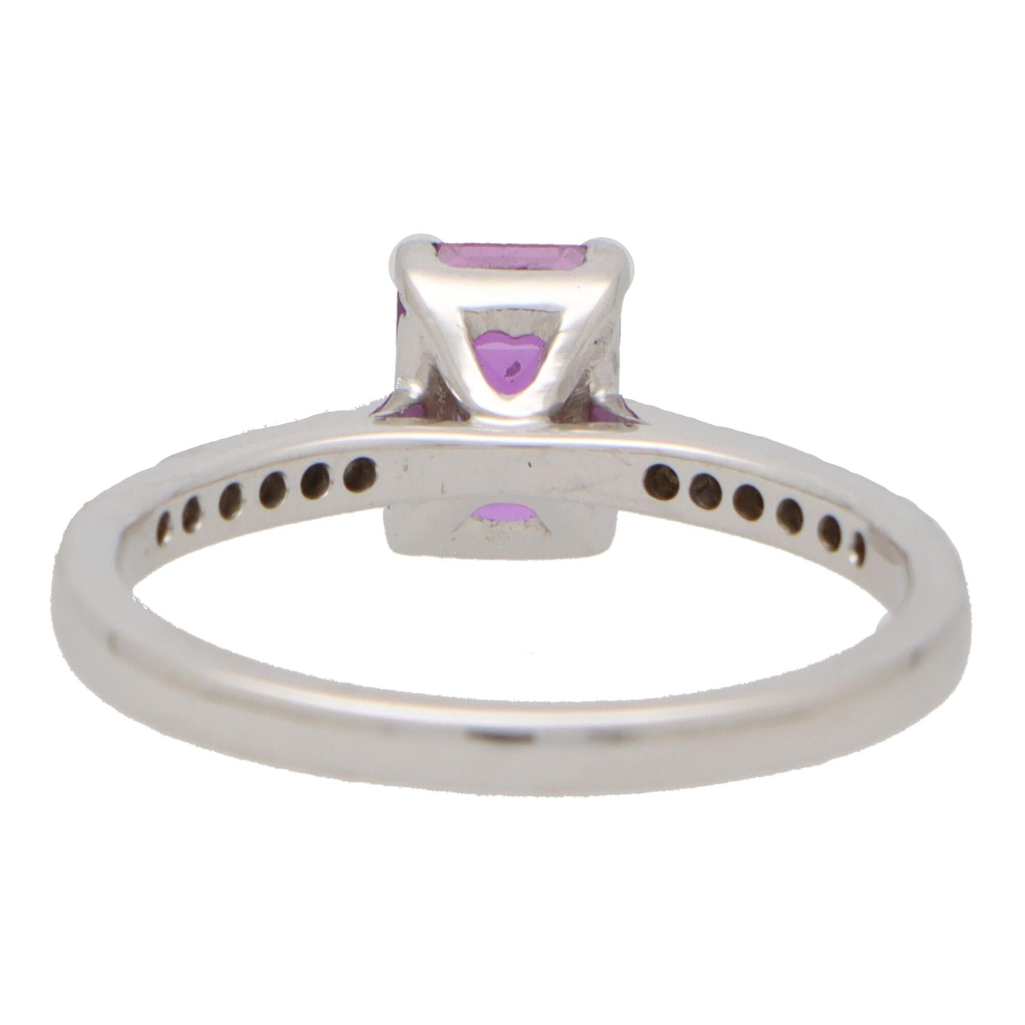 Emerald Cut Purple Sapphire and Diamond Solitaire Ring Set in 18k White Gold