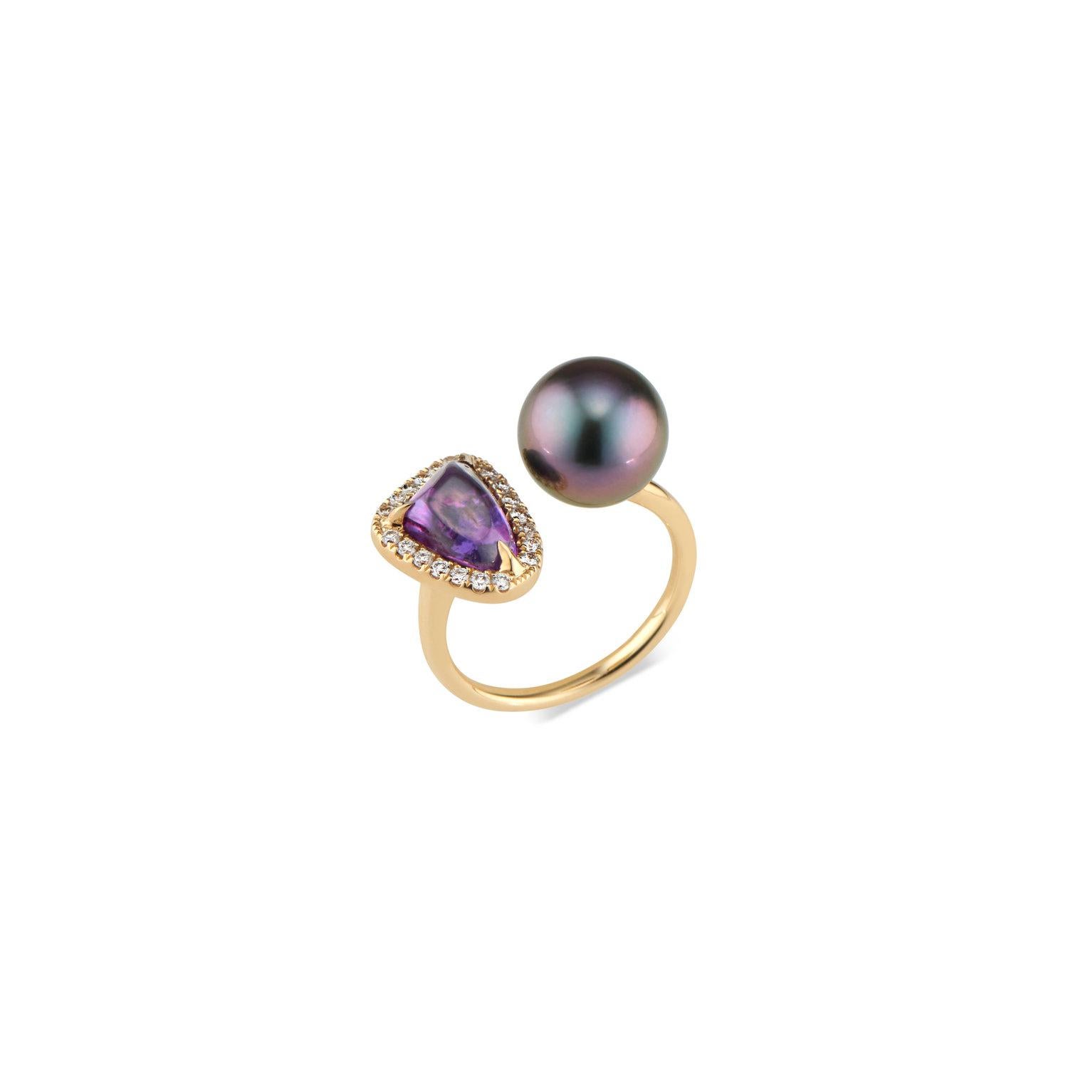 Brilliant Cut Purple Sapphire and Tahitian Pearl and Diamond Ring For Sale