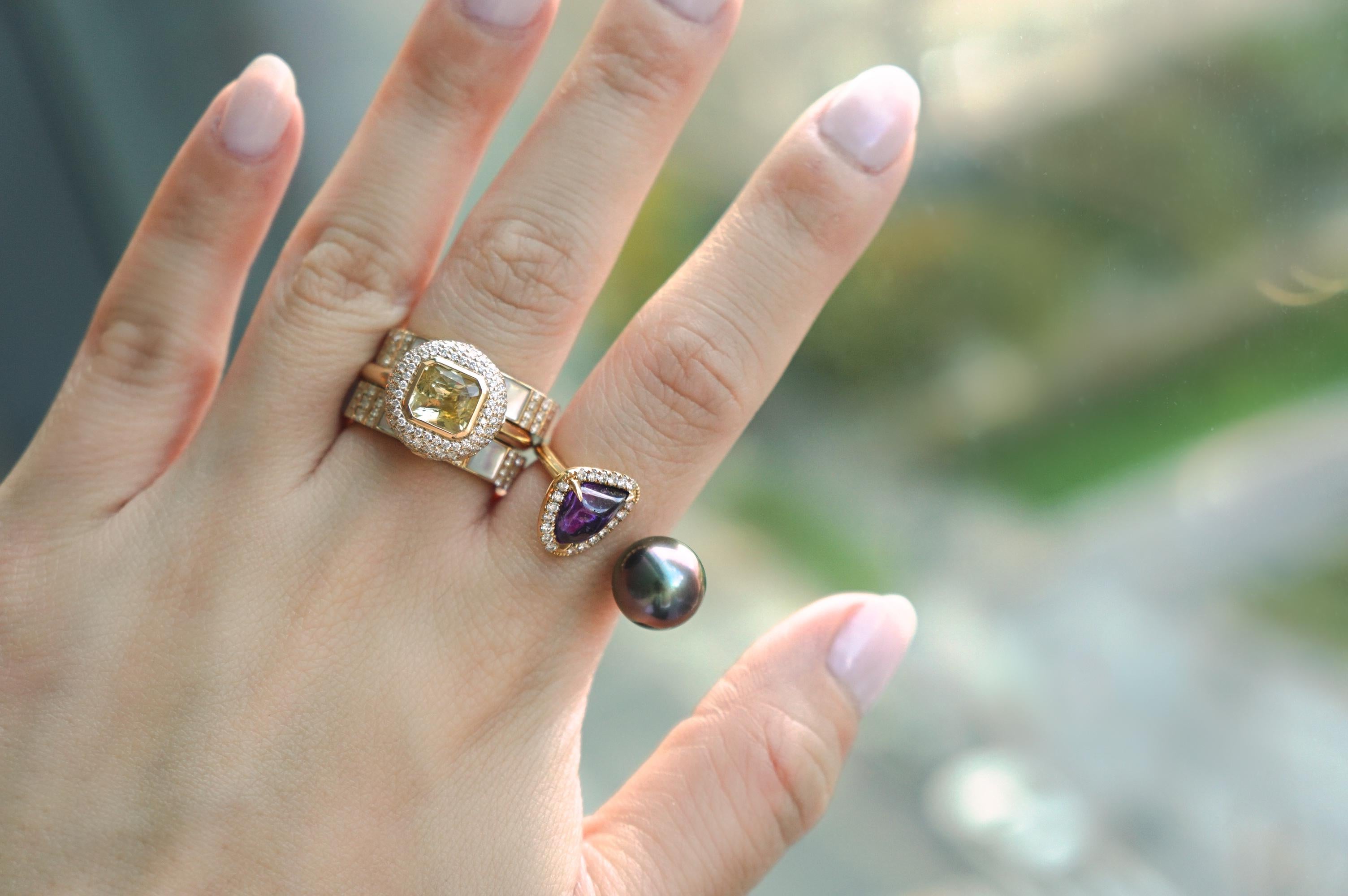 Contemporary Purple Sapphire and Tahitian Pearl and Diamond Ring For Sale
