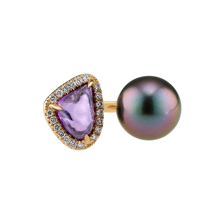 Purple Sapphire and Tahitian Pearl and Diamond Ring