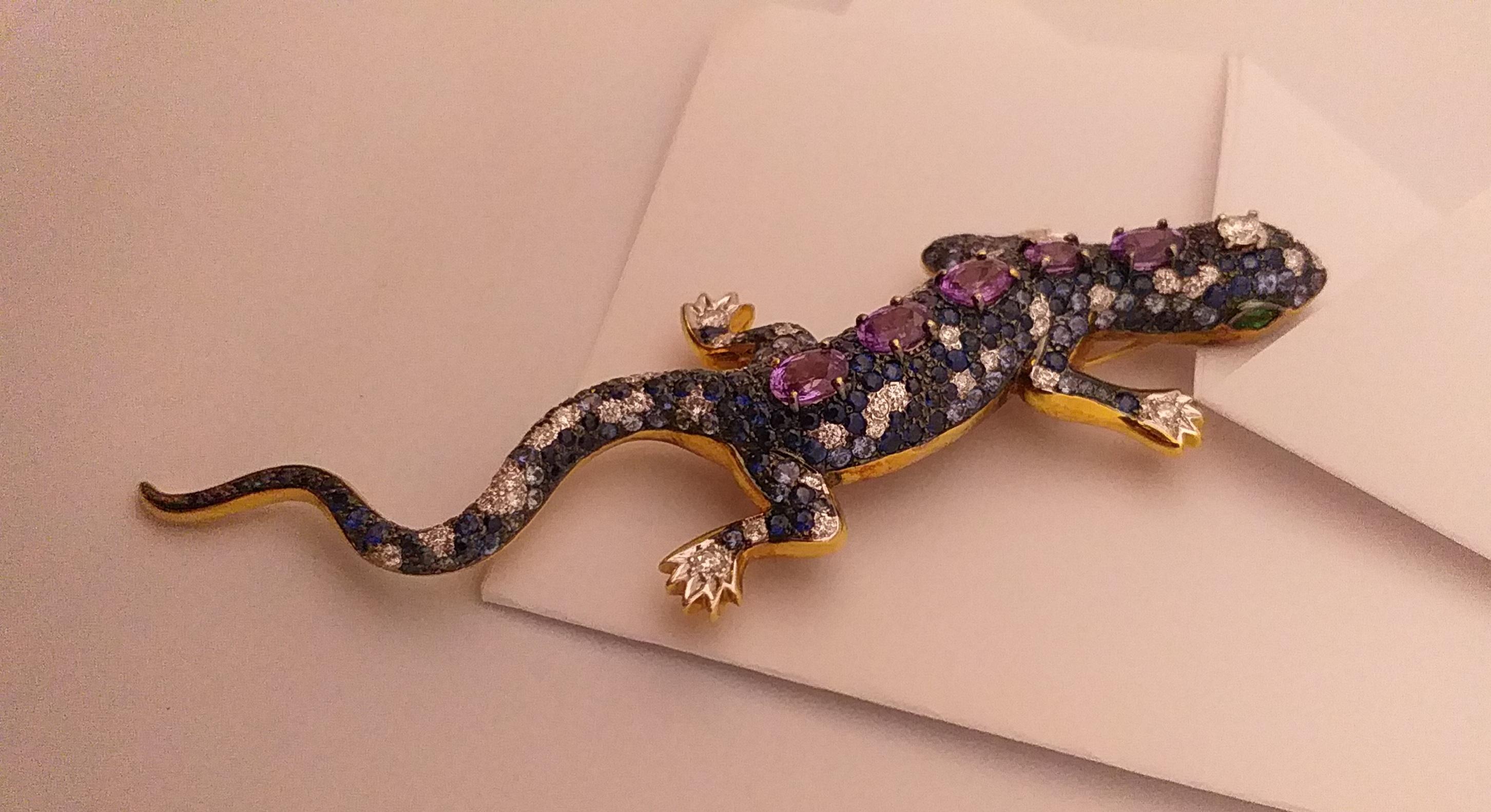 Purple Sapphire, Blue Sapphire, Tsavorite and Diamond Lizard Brooch in 18K Gold 4