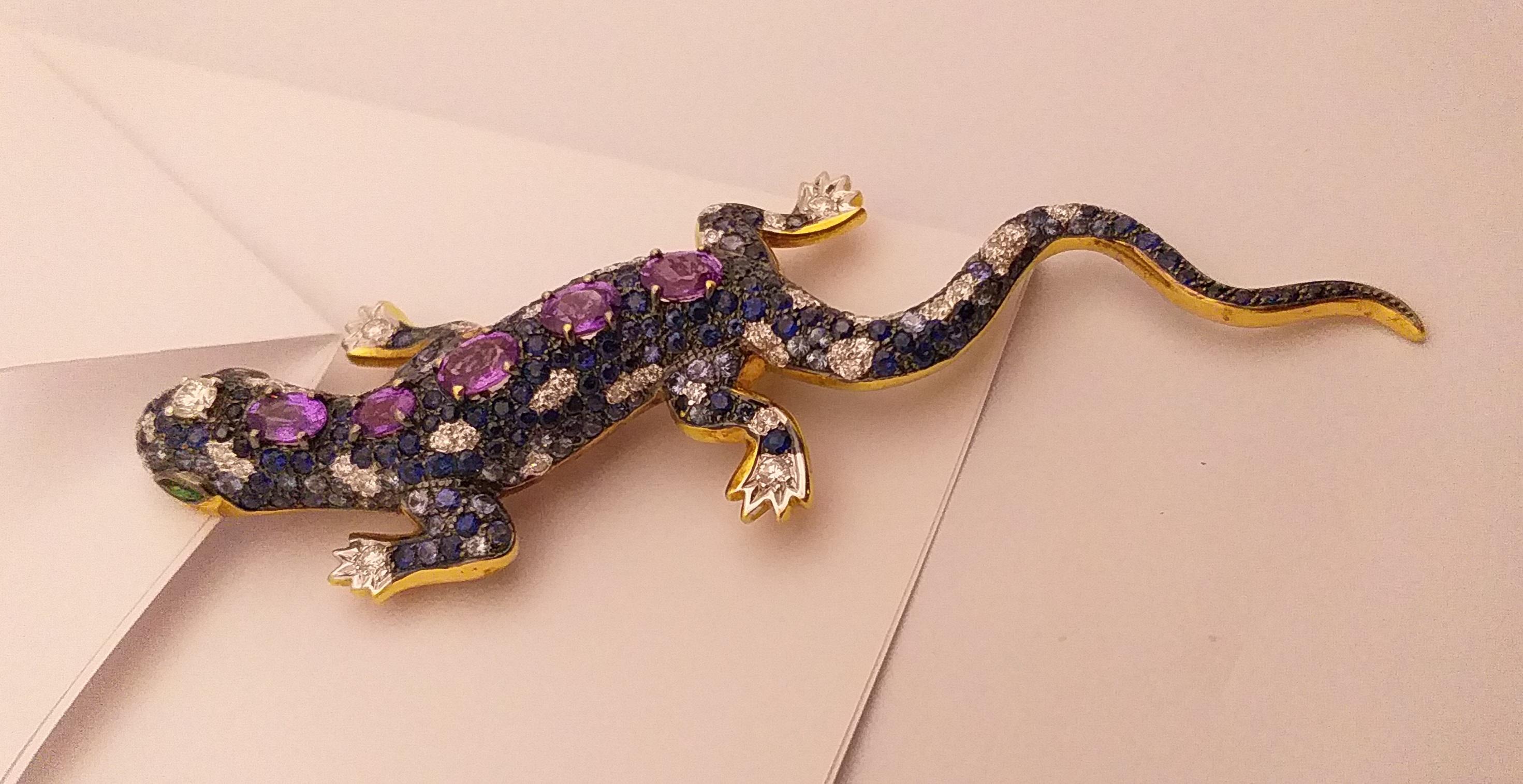 Purple Sapphire, Blue Sapphire, Tsavorite and Diamond Lizard Brooch in 18K Gold 5