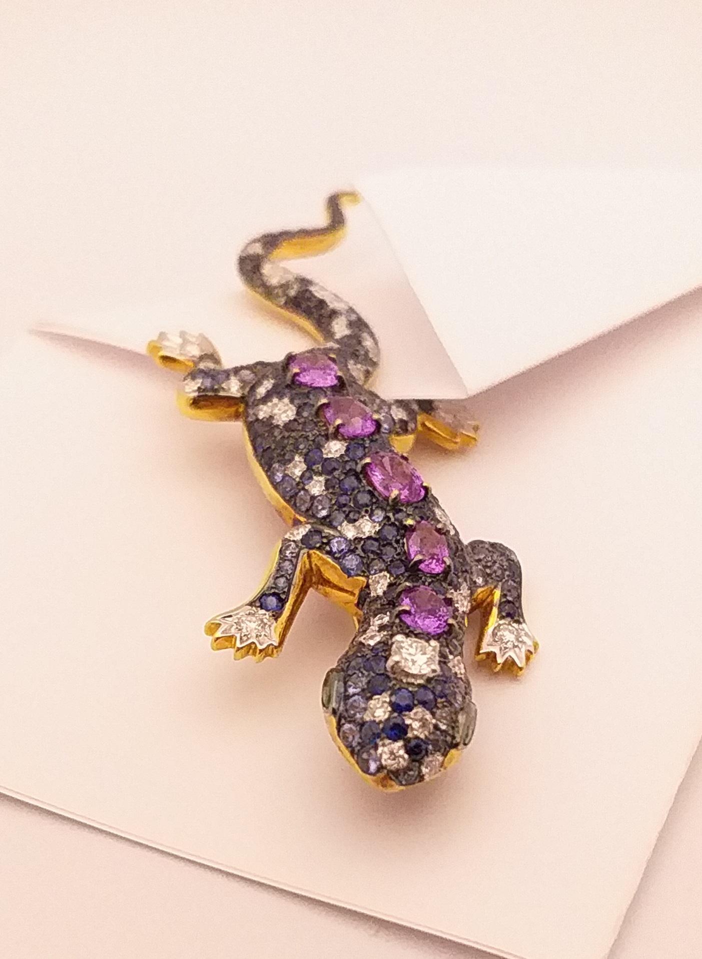Purple Sapphire, Blue Sapphire, Tsavorite and Diamond Lizard Brooch in 18K Gold 1