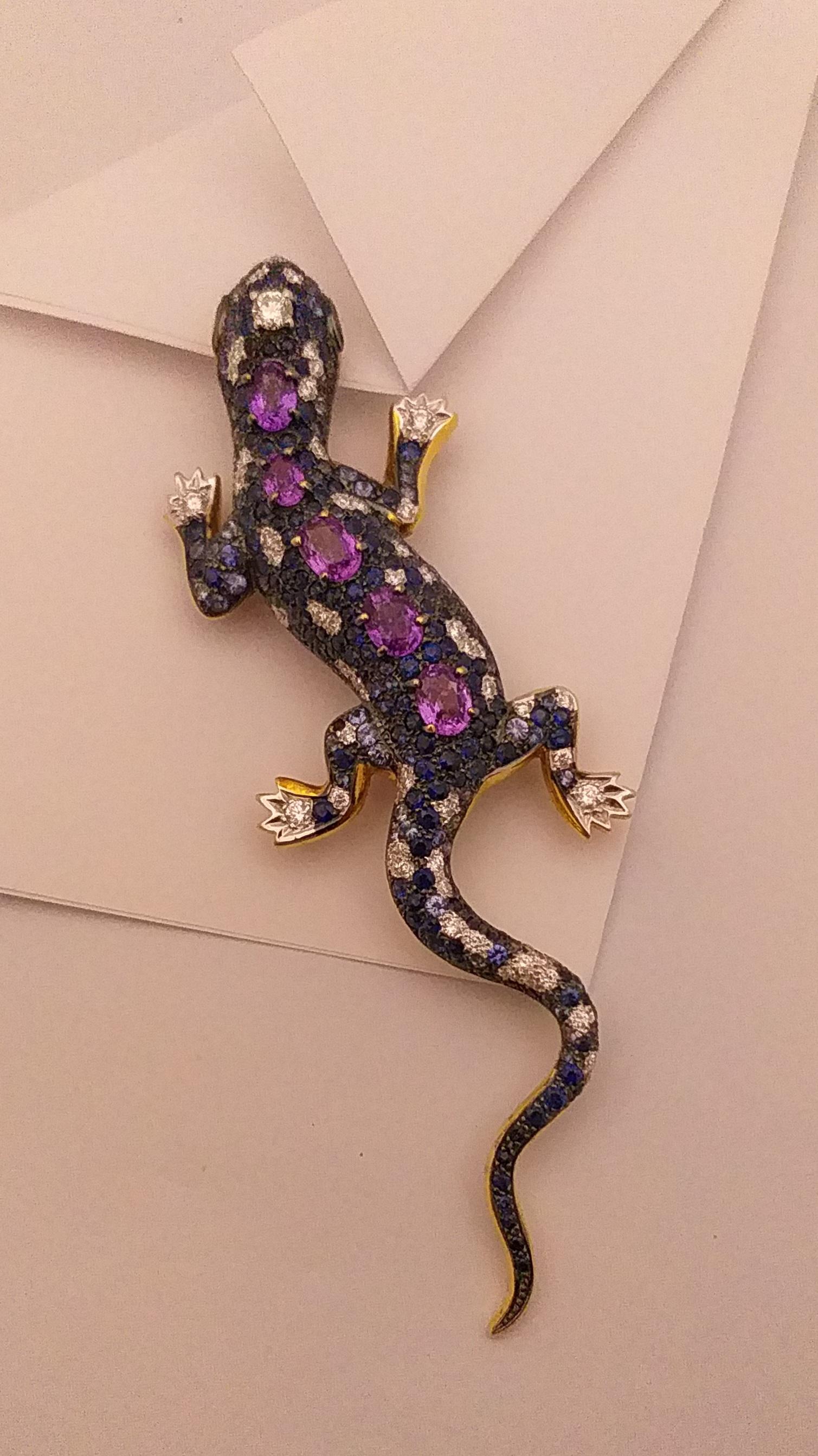 Purple Sapphire, Blue Sapphire, Tsavorite and Diamond Lizard Brooch in 18K Gold 2