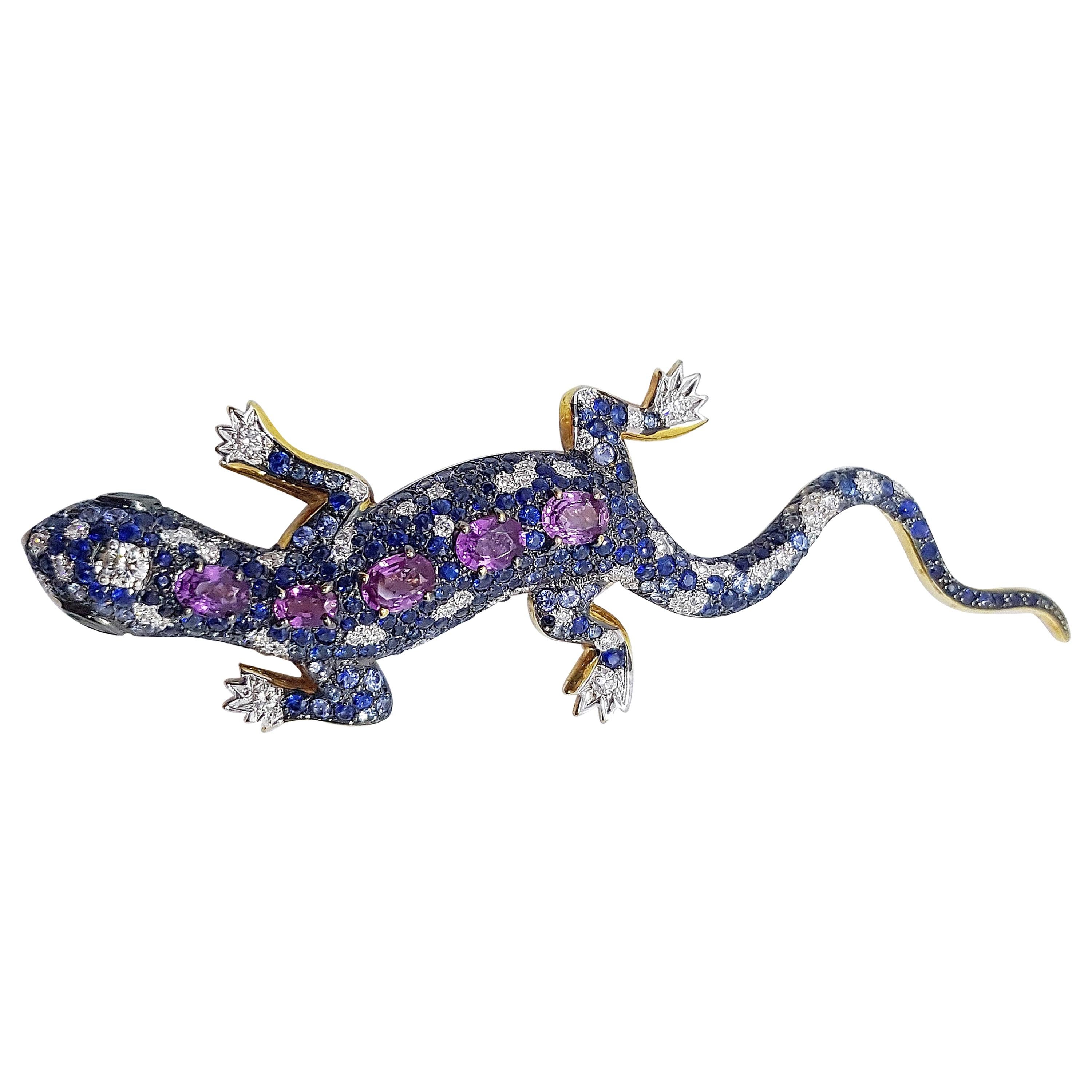 Purple Sapphire, Blue Sapphire, Tsavorite and Diamond Lizard Brooch in 18K Gold