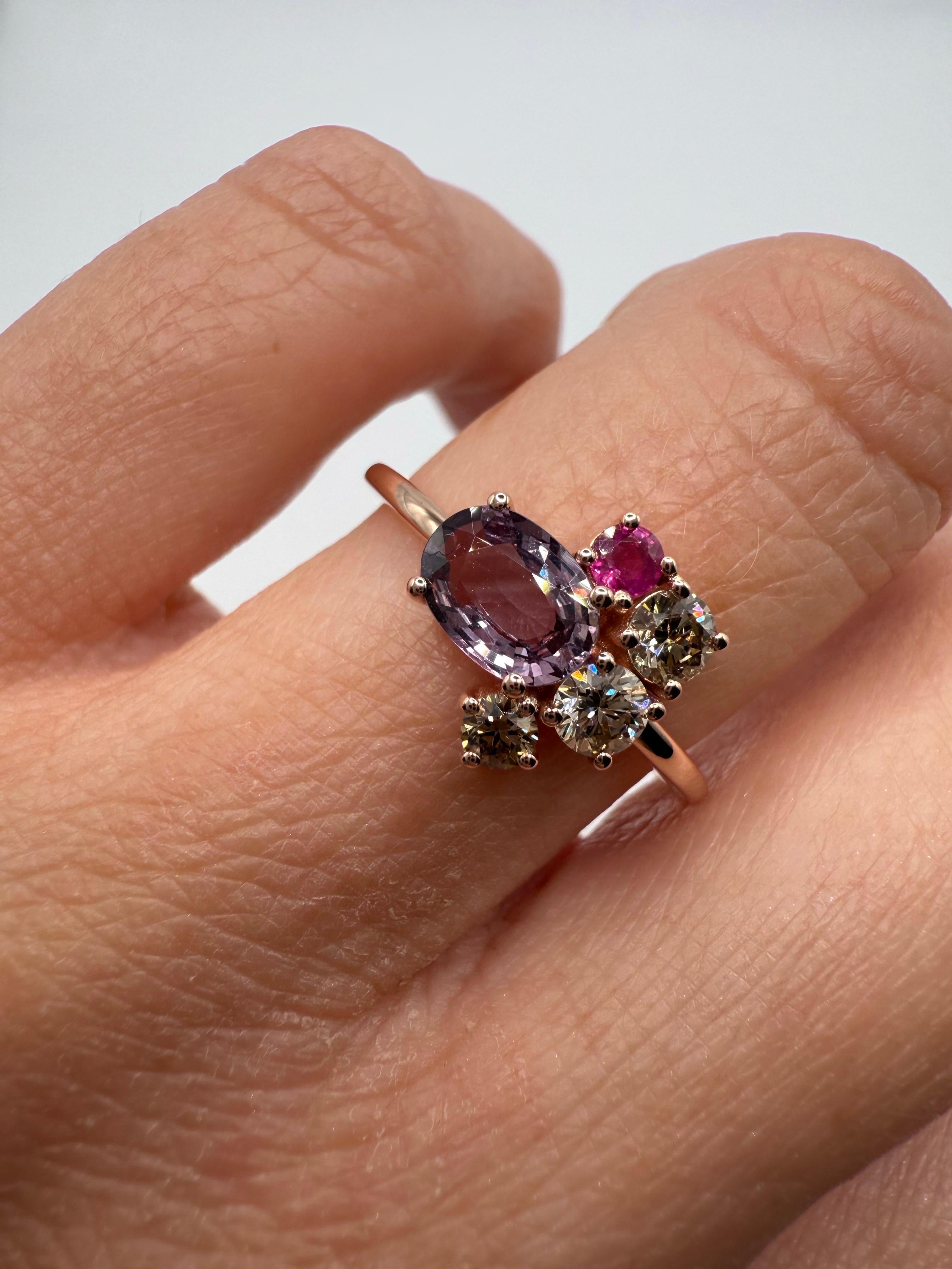 Purple sapphire diamond cluster ring 14KT rose gold In New Condition For Sale In Boca Raton, FL