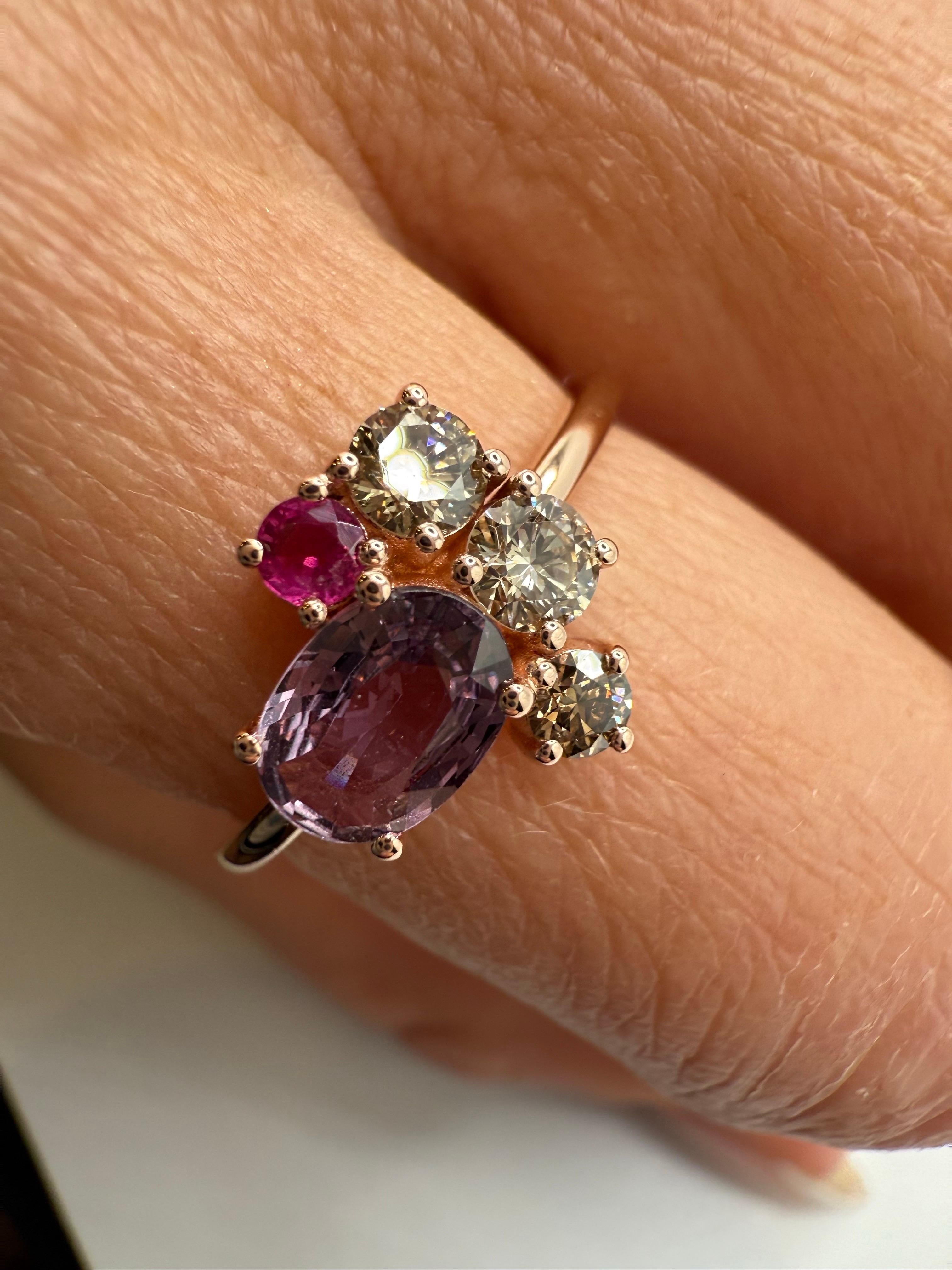 Women's or Men's Purple sapphire diamond cluster ring 14KT rose gold For Sale