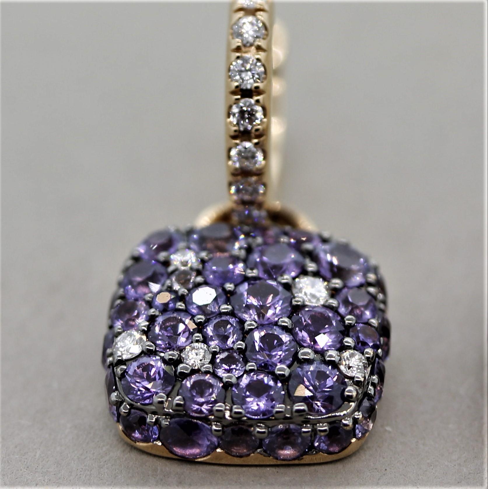 Round Cut Purple Sapphire Diamond Gold Drop Earrings For Sale