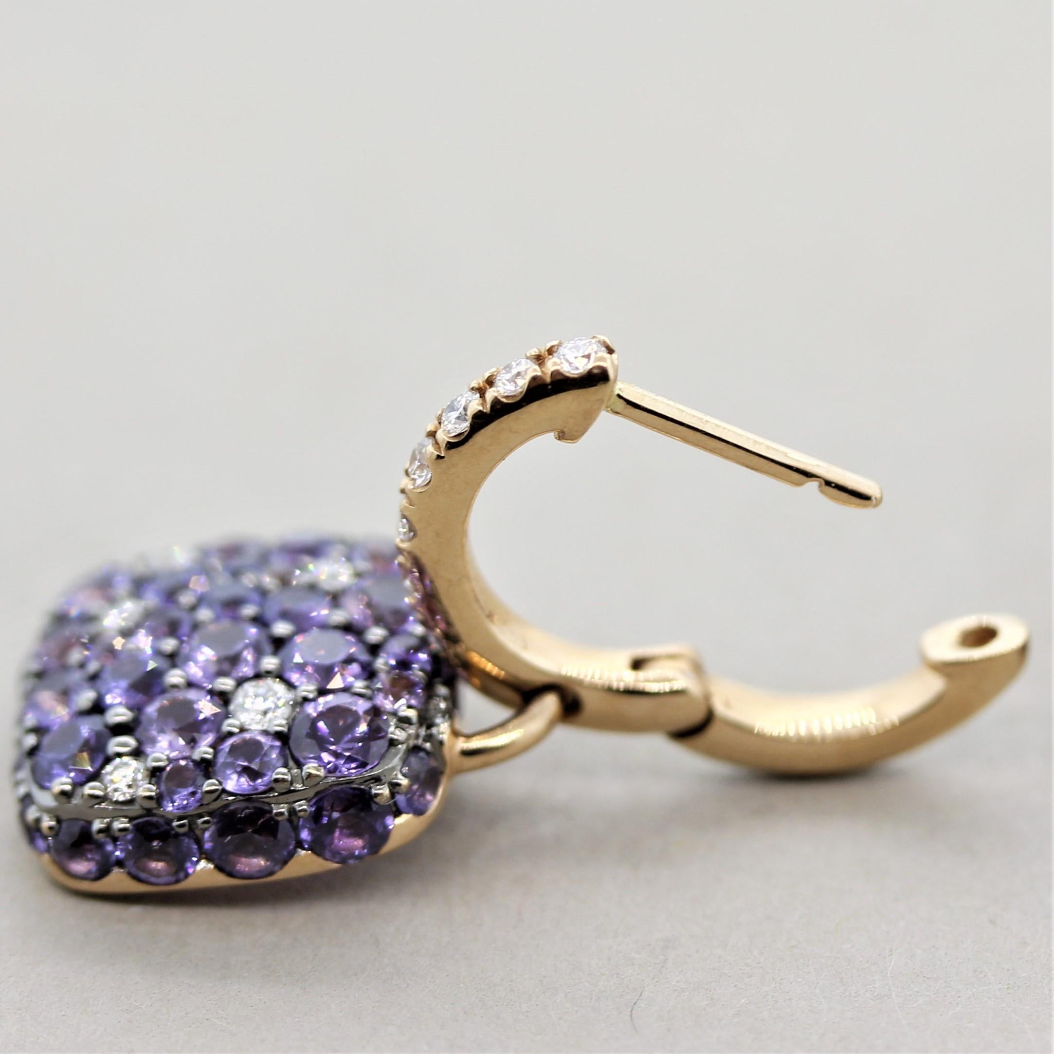 Purple Sapphire Diamond Gold Drop Earrings In New Condition For Sale In Beverly Hills, CA
