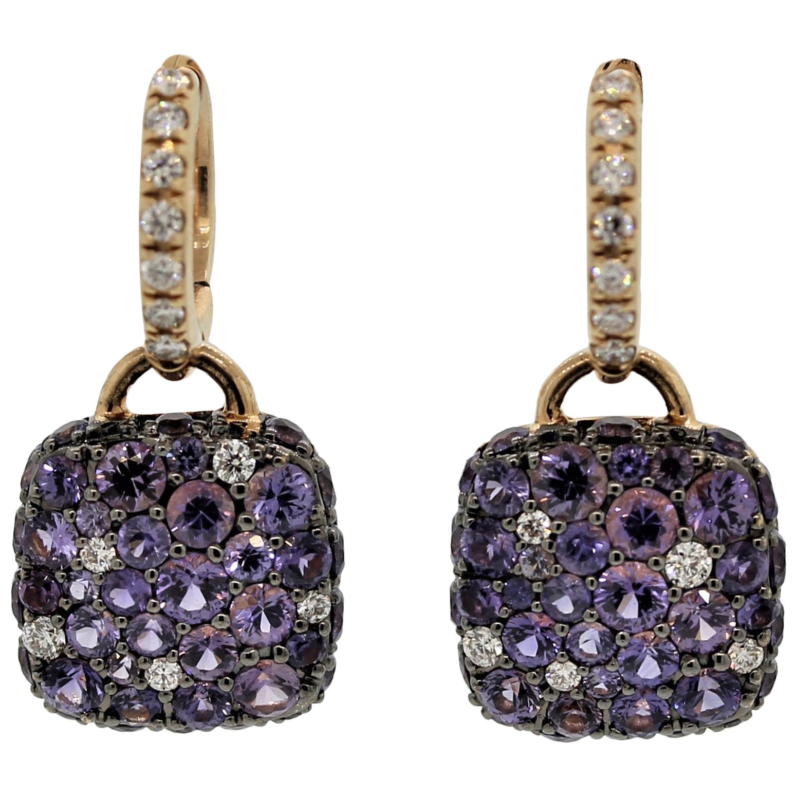 Purple Sapphire Diamond Gold Drop Earrings For Sale