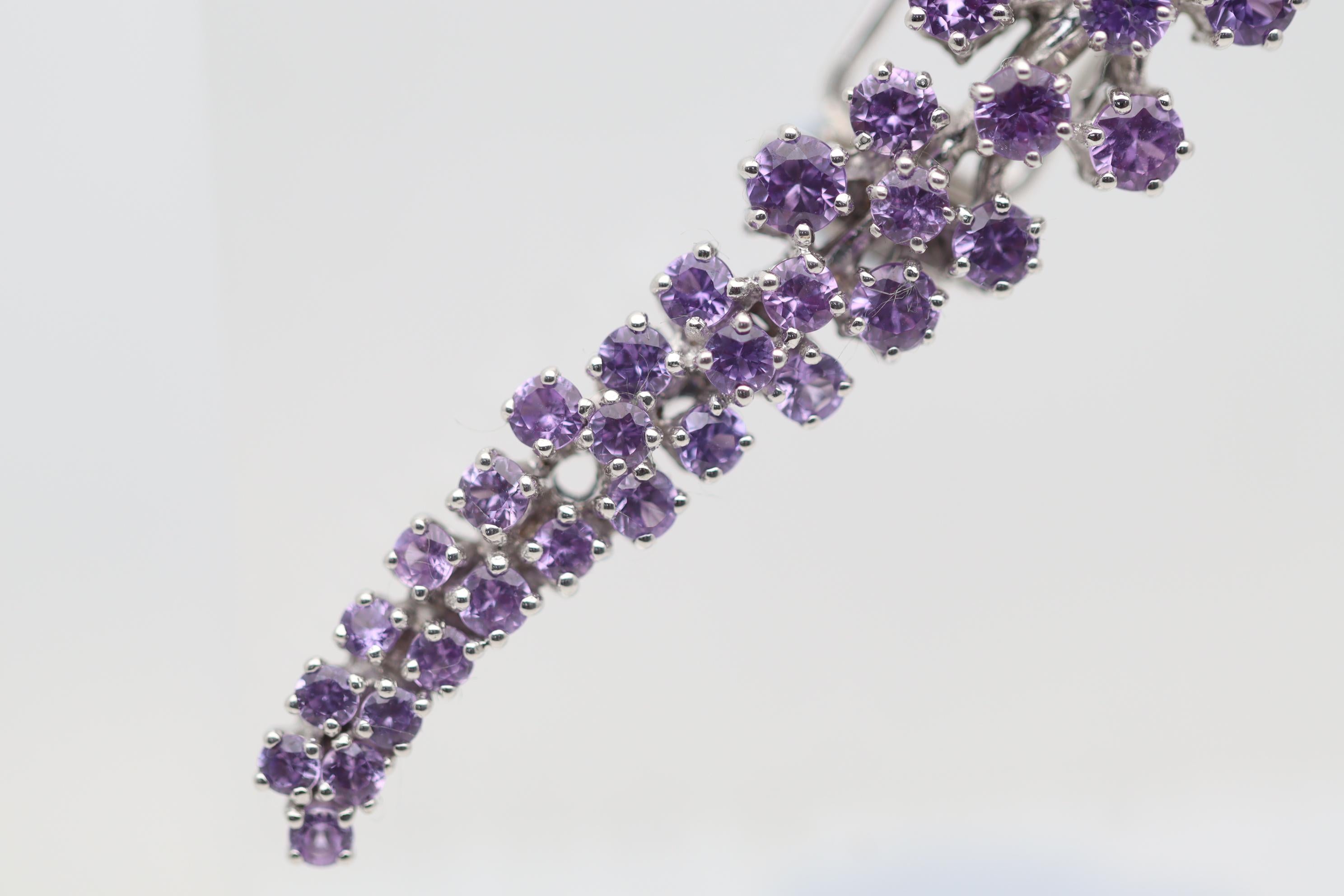 Round Cut Purple Sapphire Diamond Gold Long Floral Brooch