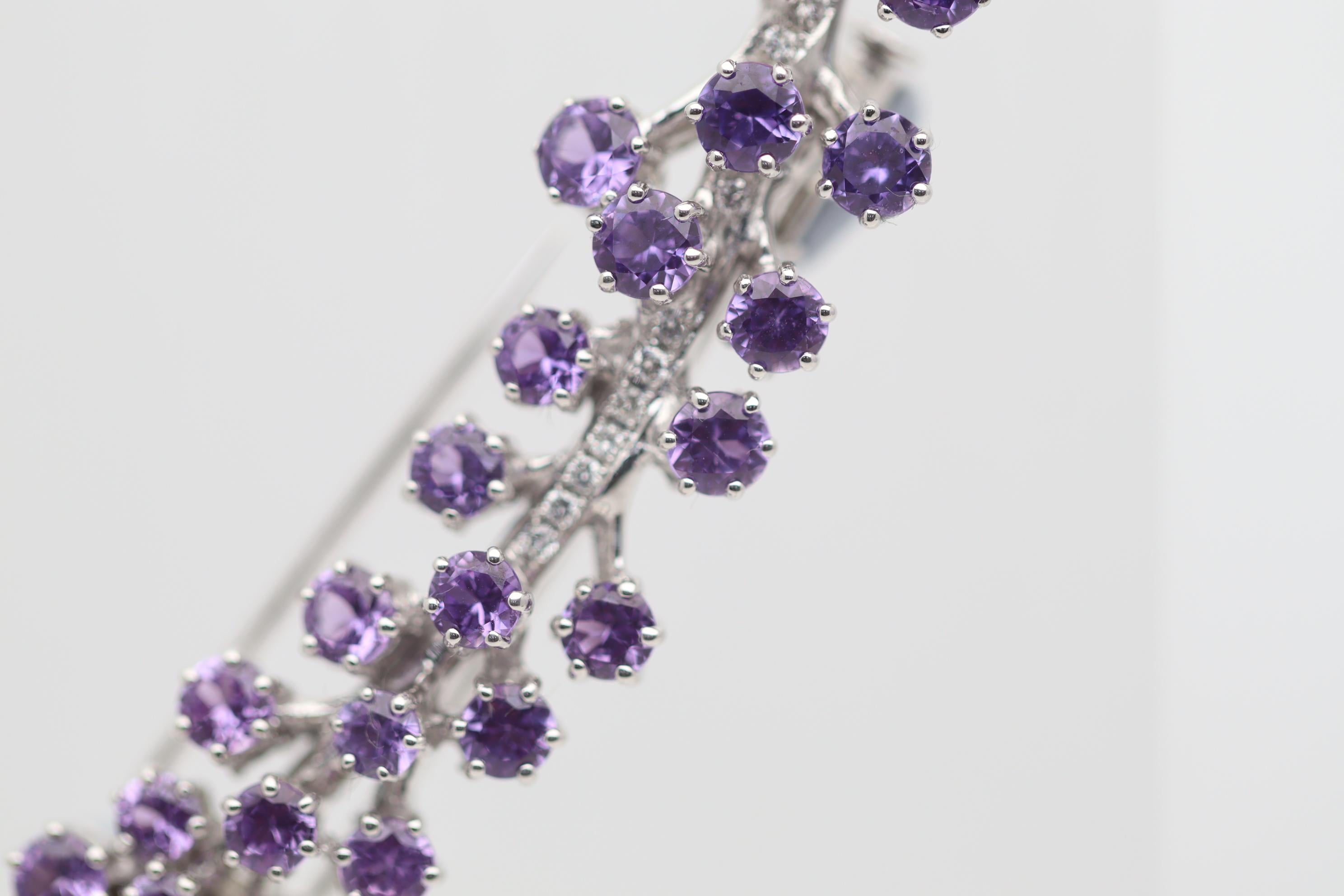 Purple Sapphire Diamond Gold Long Floral Brooch In New Condition In Beverly Hills, CA