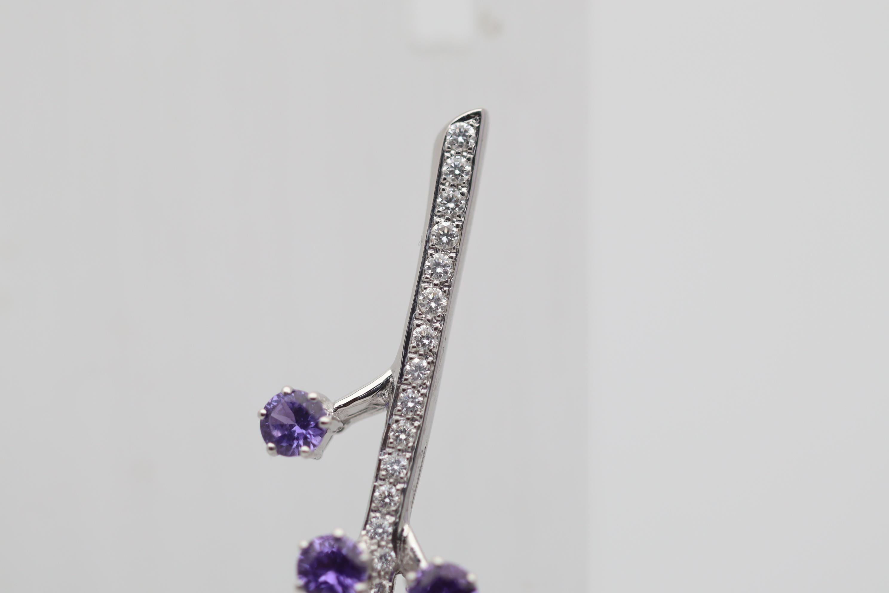 Women's Purple Sapphire Diamond Gold Long Floral Brooch