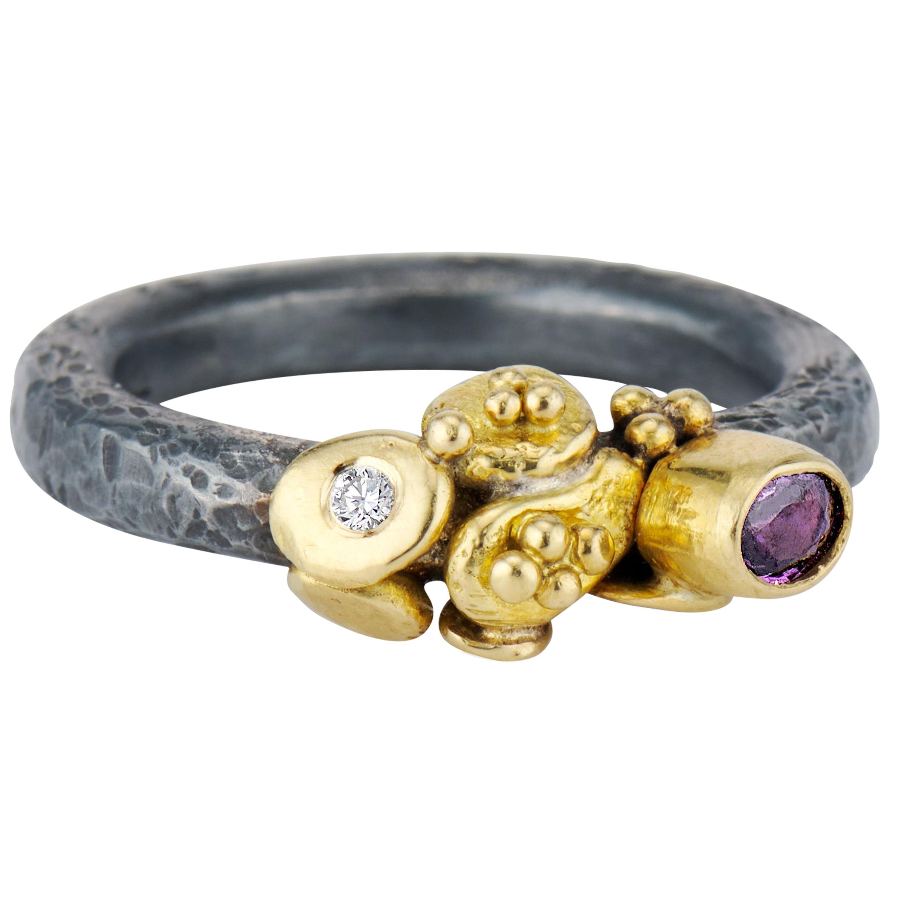 Purple Sapphire Diamond Granulation Yellow Gold Oxidized Sterling Silver Ring
