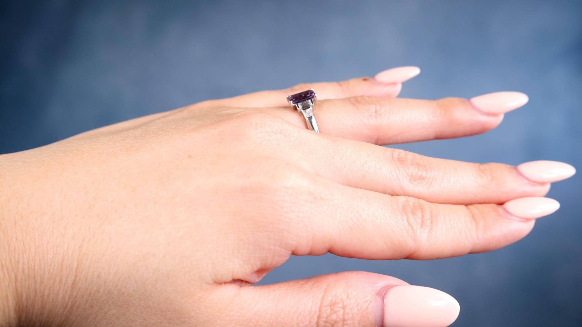 Baguette Cut Purple Sapphire Diamond Platinum Ring For Sale
