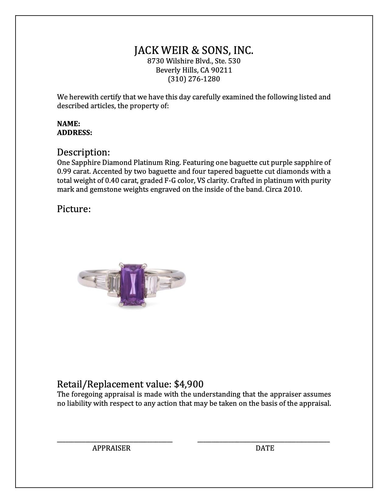 Women's or Men's Purple Sapphire Diamond Platinum Ring For Sale