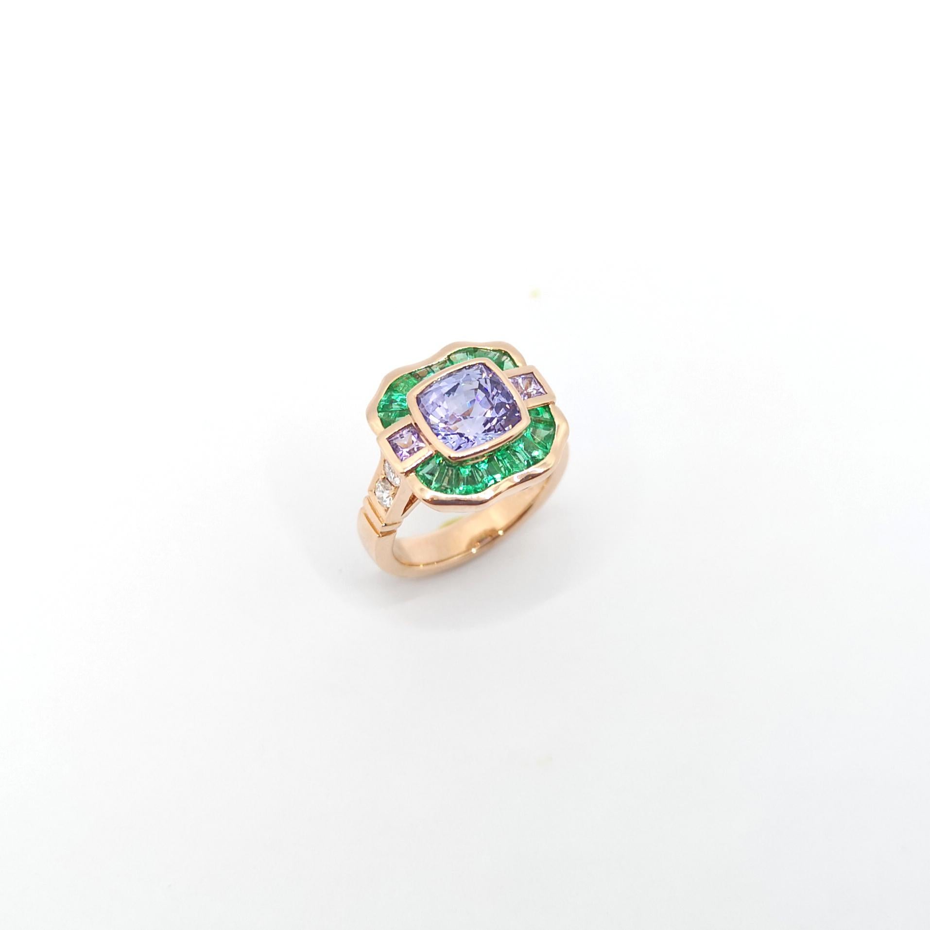 Unheated Color Change Sapphire, Emerald, Diamond Ring in 18K Rose Gold For Sale 4