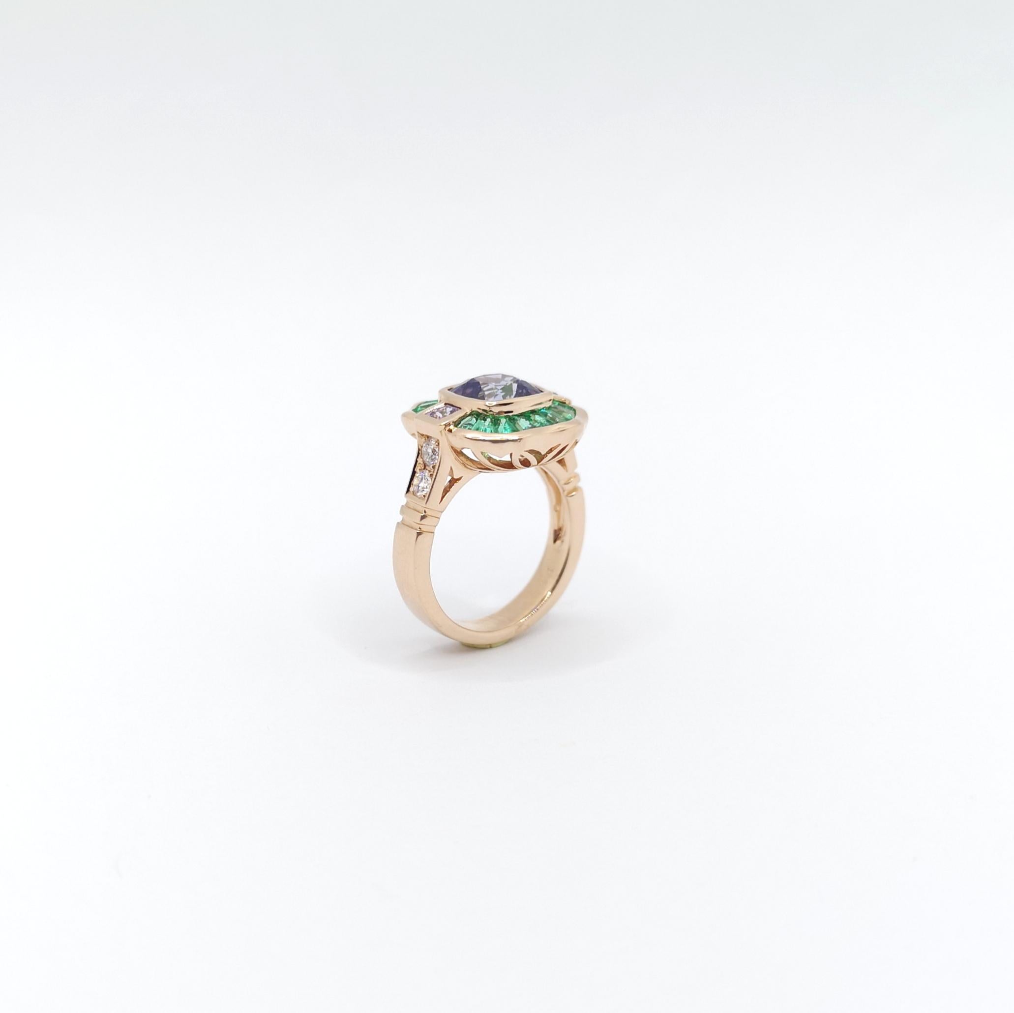 Unheated Color Change Sapphire, Emerald, Diamond Ring in 18K Rose Gold For Sale 5