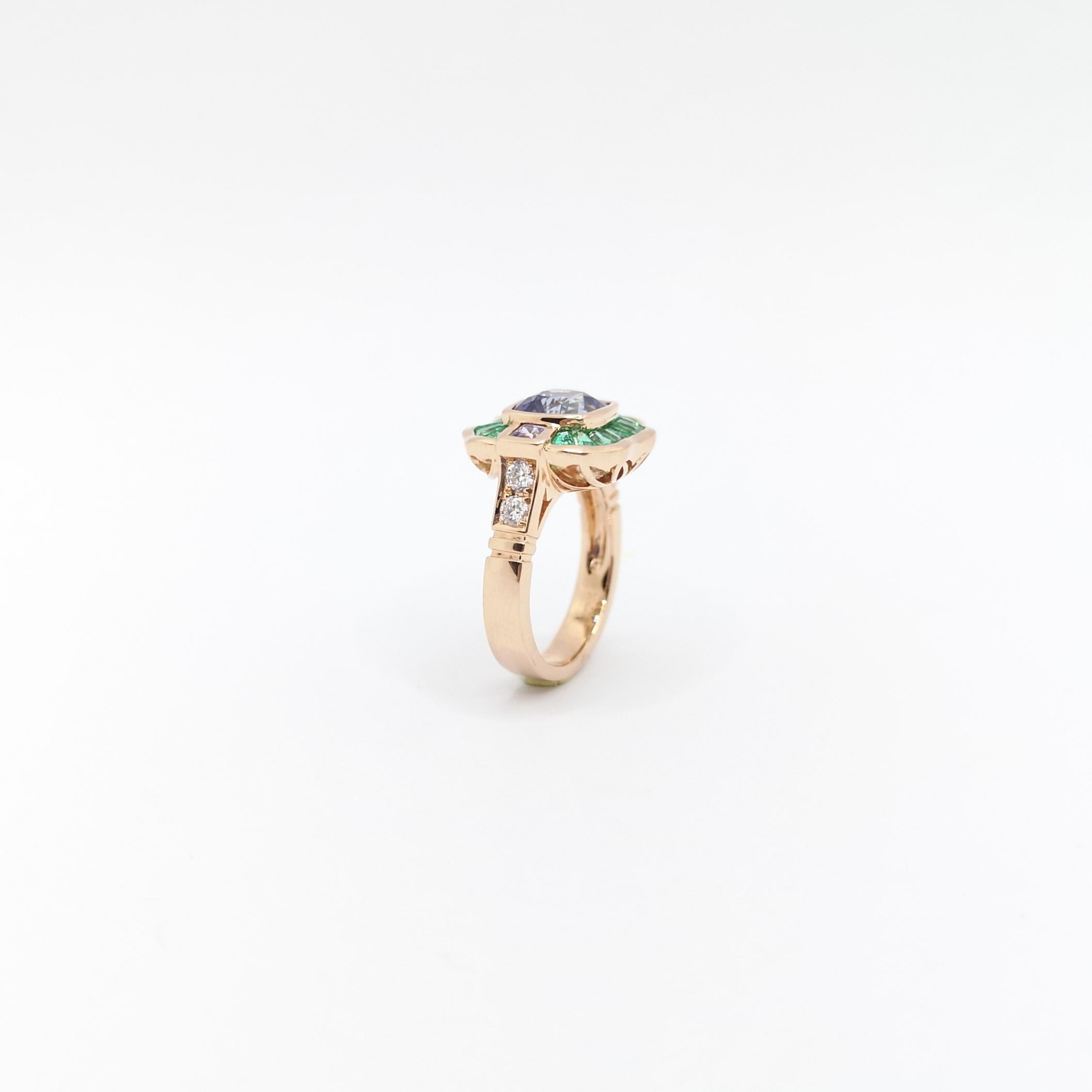 Unheated Color Change Sapphire, Emerald, Diamond Ring in 18K Rose Gold For Sale 7