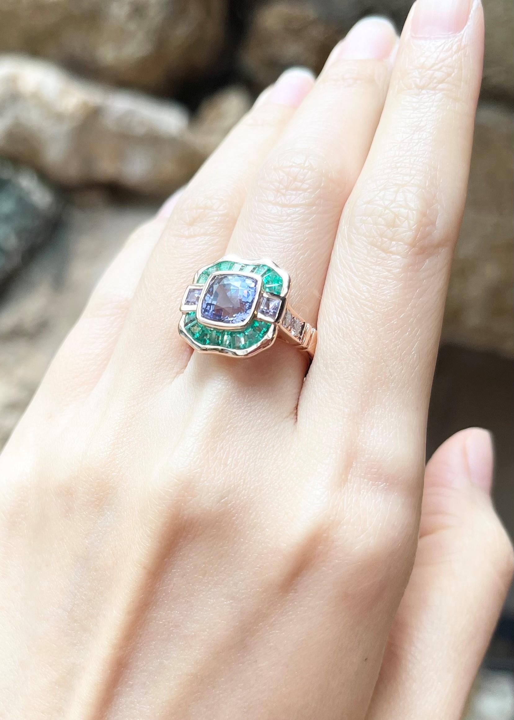 Art Deco Unheated Color Change Sapphire, Emerald, Diamond Ring in 18K Rose Gold For Sale