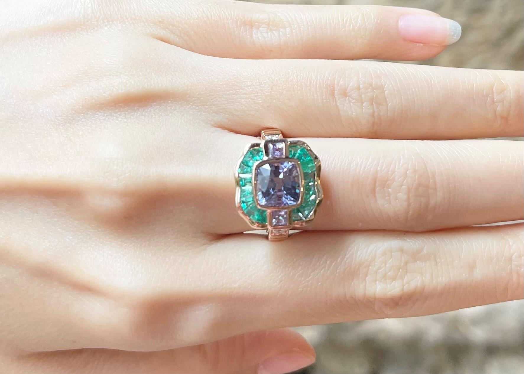 Princess Cut Unheated Color Change Sapphire, Emerald, Diamond Ring in 18K Rose Gold For Sale