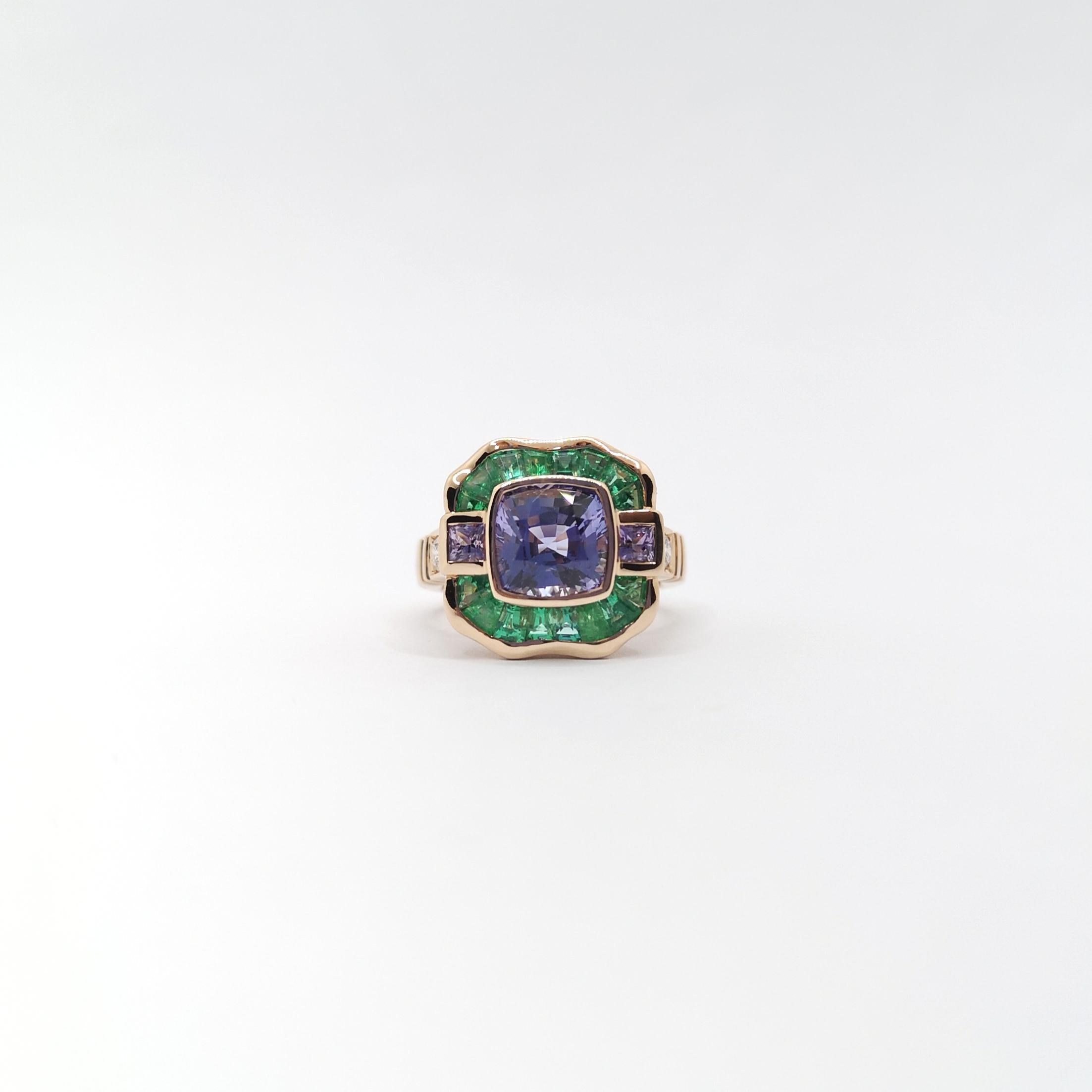 Unheated Color Change Sapphire, Emerald, Diamond Ring in 18K Rose Gold For Sale 1