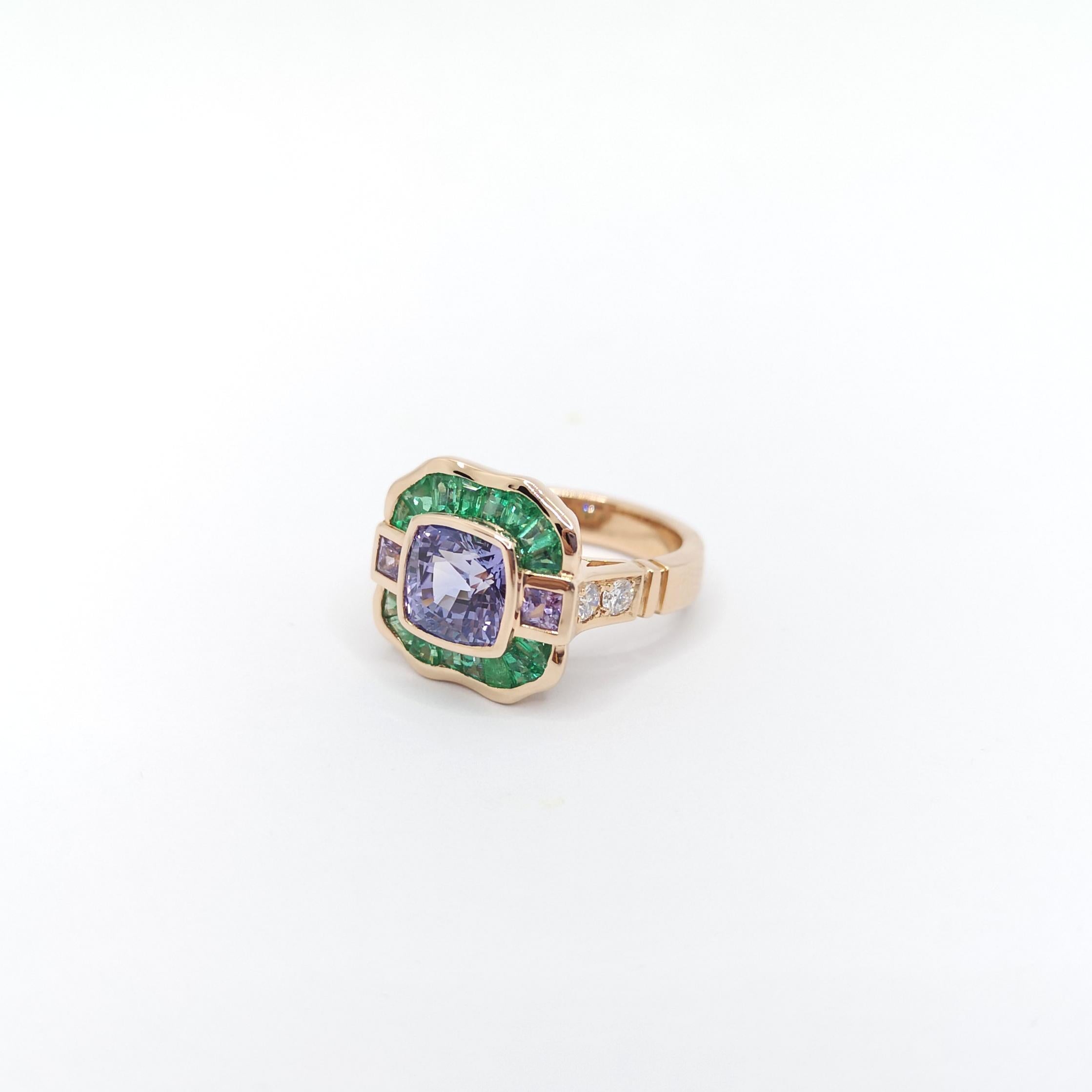 Unheated Color Change Sapphire, Emerald, Diamond Ring in 18K Rose Gold For Sale 2