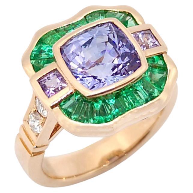 Unheated Color Change Sapphire, Emerald, Diamond Ring in 18K Rose Gold For Sale
