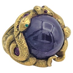 Purple Sapphire, Emerald, & Ruby Snake Motif Cocktail Ring 18 Karat Yellow Gold