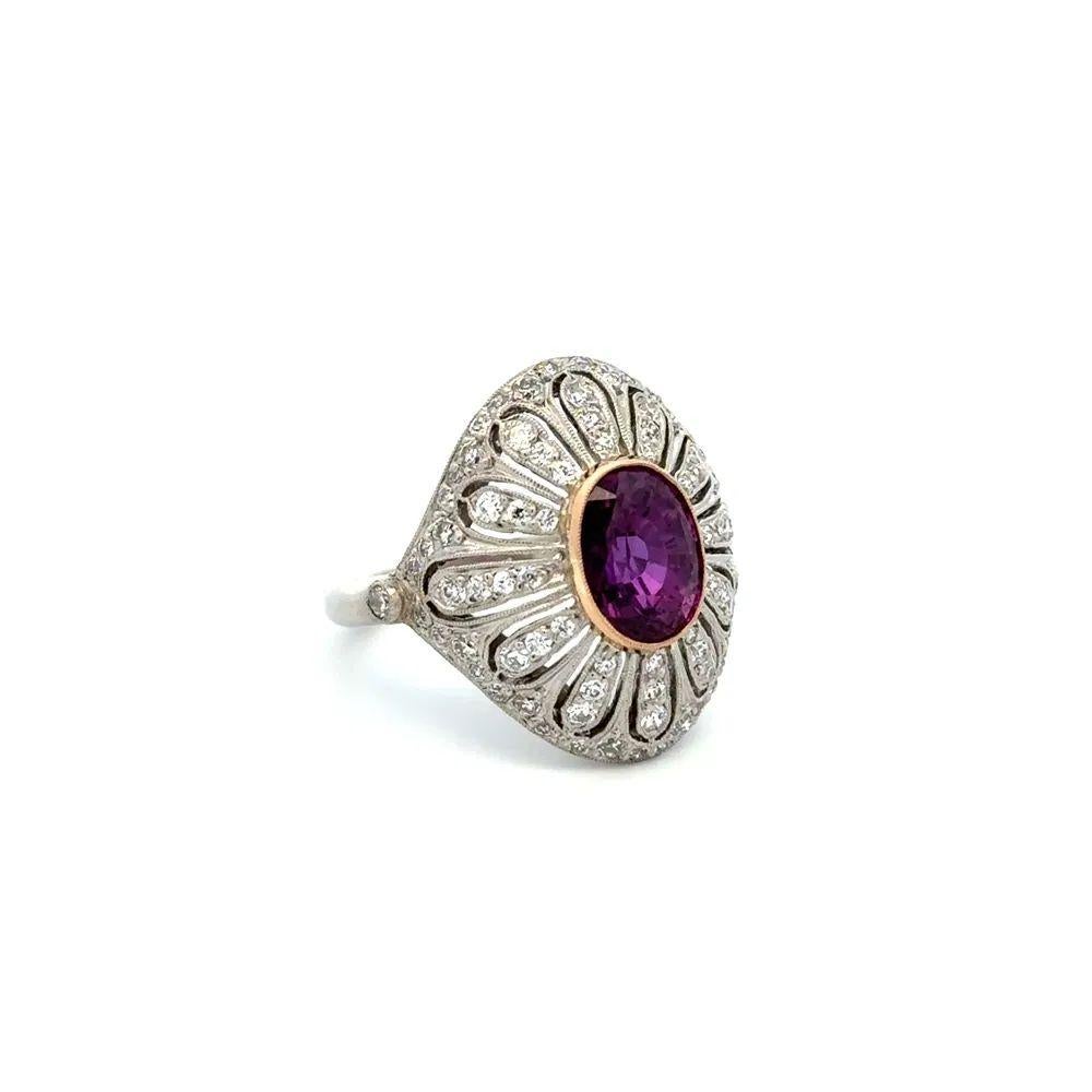 Simply Beautiful! Finely detailed Show Stopper Oval Purple Sapphire and Diamond Edwardian Statement Platinum Ring. Centering an Exquisite securely nestled Hand set Exquisite Oval Purple Sapphire Gemstone GIA, weighing approx. 3.07 Carats. The