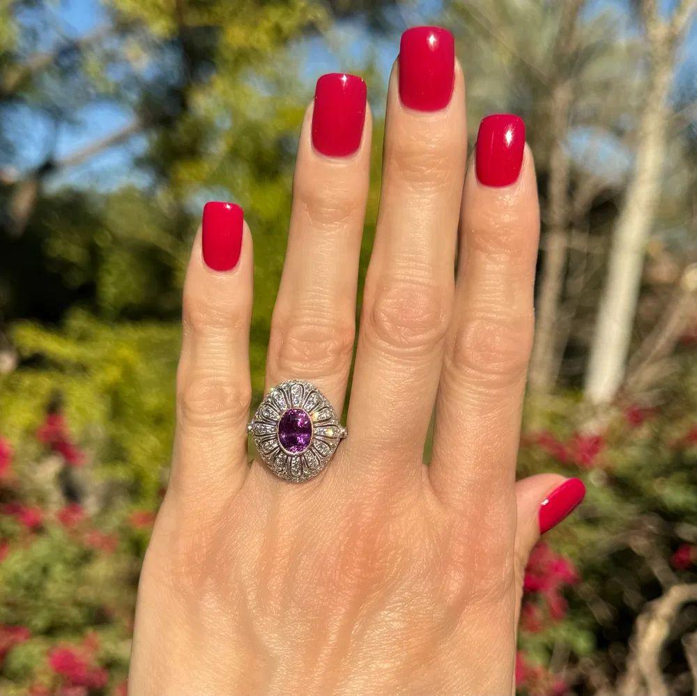 Edwardian Purple Sapphire GIA and Diamond Filigree Platinum Ring Estate Fine Jewelry For Sale