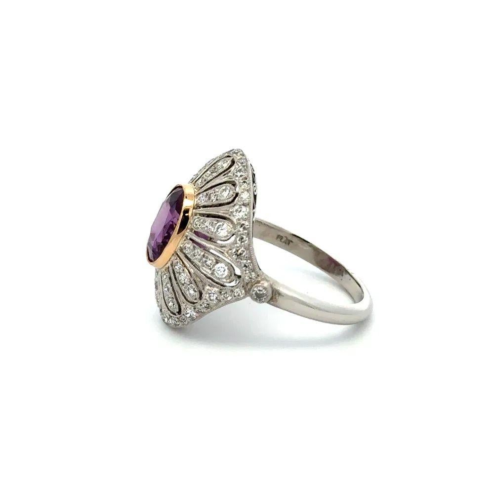 Purple Sapphire GIA and Diamond Filigree Platinum Ring Estate Fine Jewelry In Excellent Condition For Sale In Montreal, QC