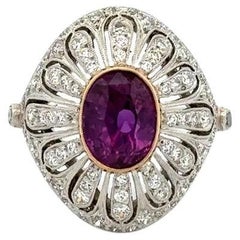 Purple Sapphire GIA and Diamond Filigree Platinum Ring Estate Fine Jewelry