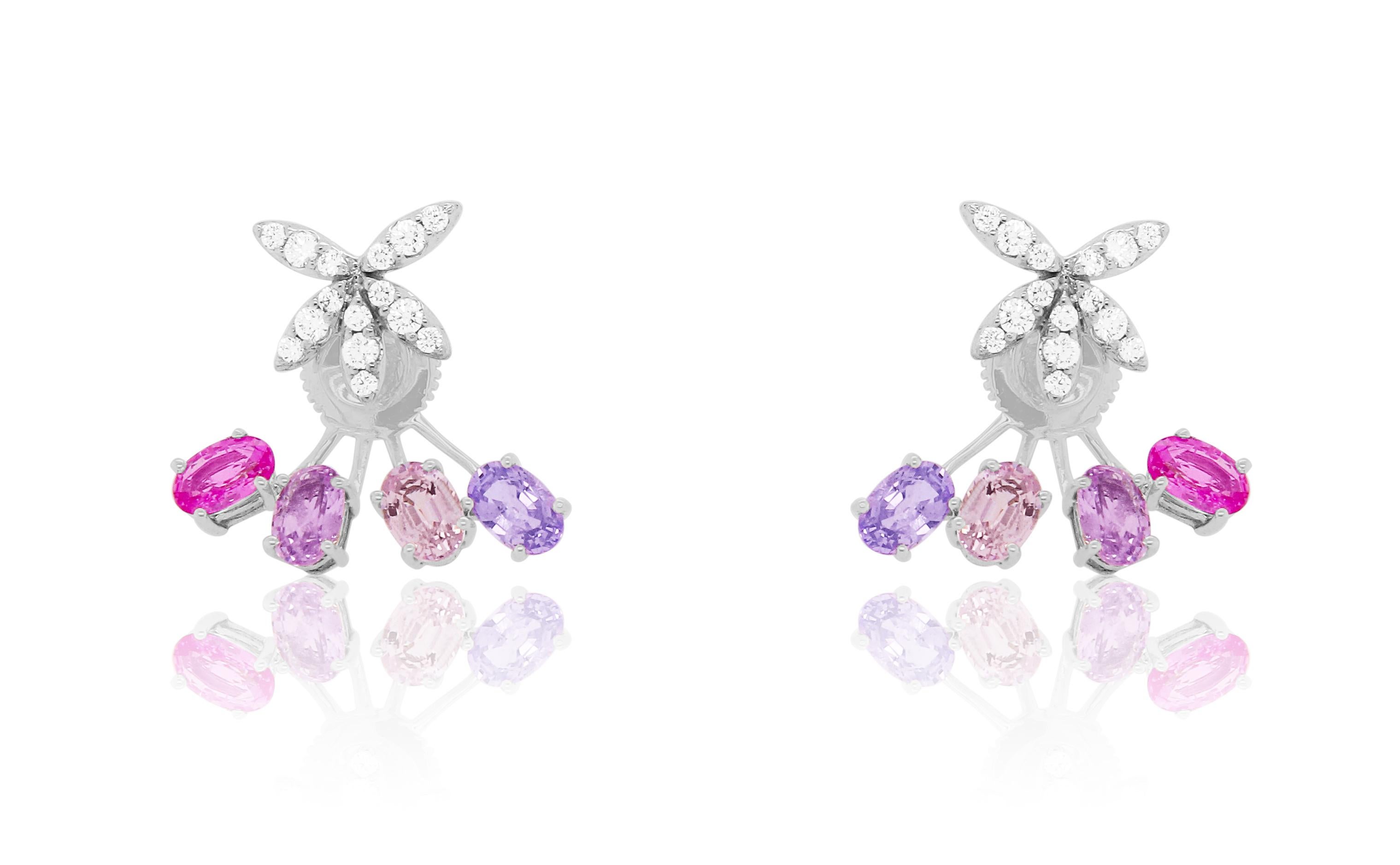 Contemporary Purple Sapphire, Multi-Color Sapphire and Diamond Butterfly Statement Earrings For Sale