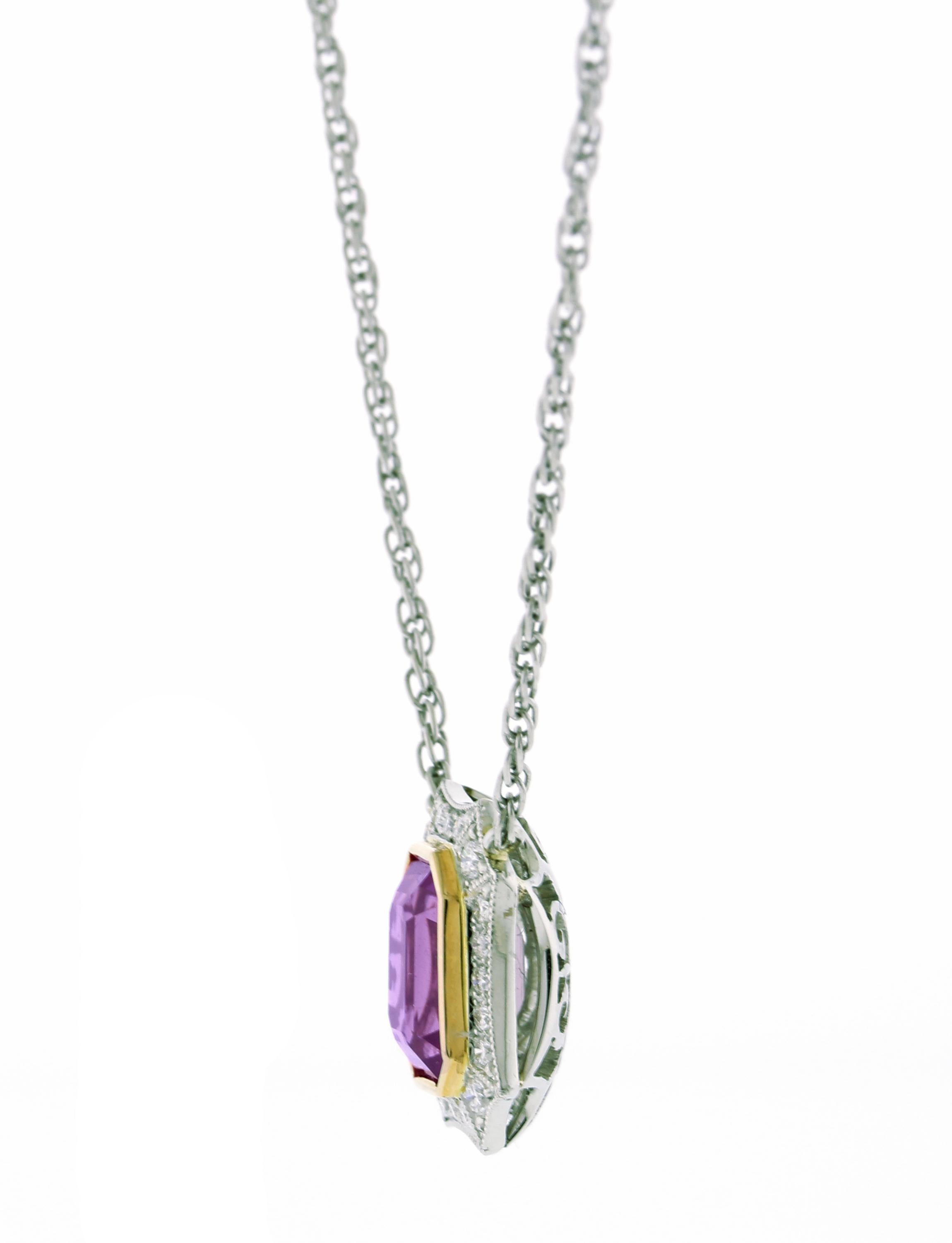 From the master jewelers of Pampillonia this emerald cut purple sapphire weighing 2.53ct carats. The diamond rests in a handmade platinum and yellow gold micro pave setting with an additional twenty brilliant cut diamonds for a total diamond weight