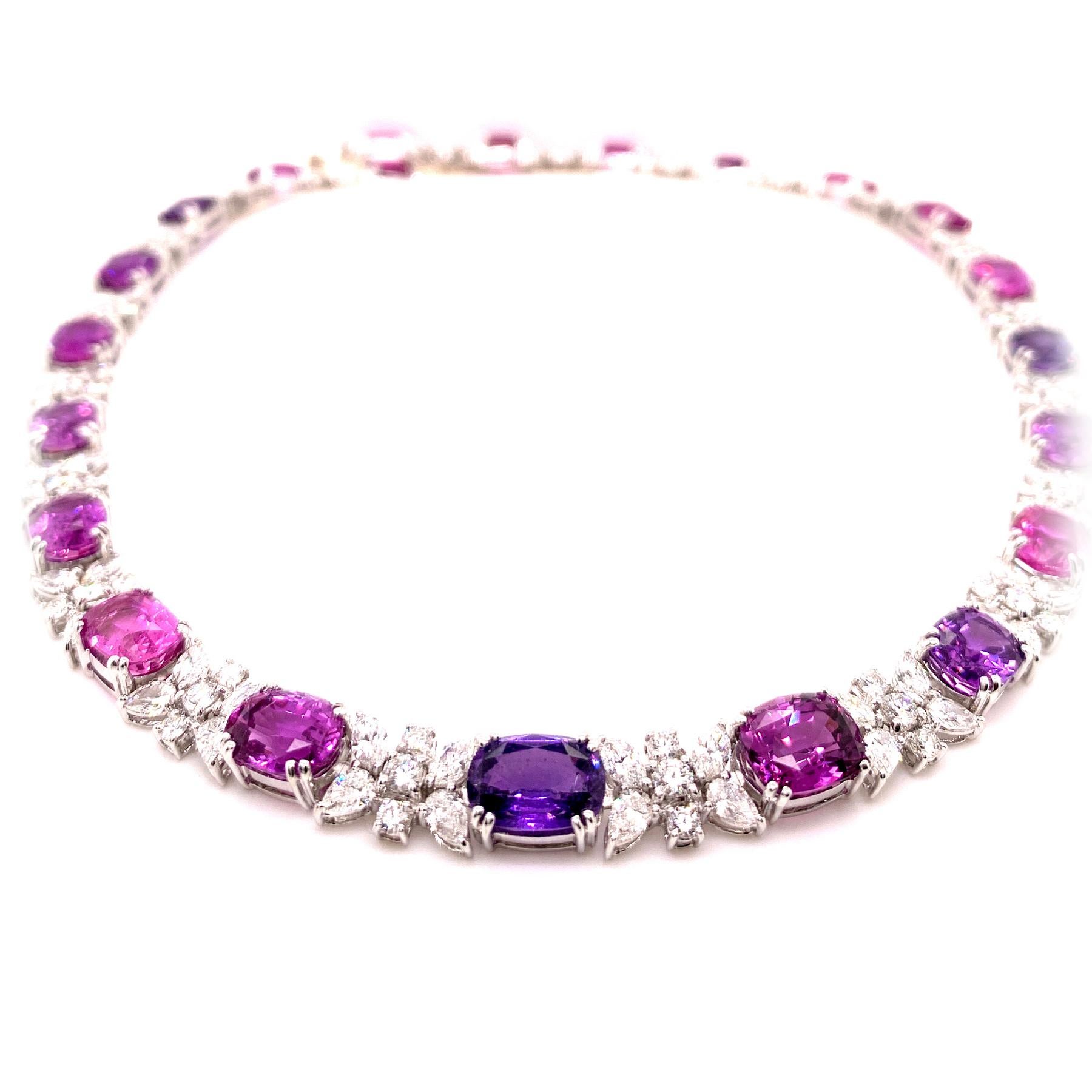 Rare no heat purple sapphire diamond necklace. Sri Lanka origin, Intense purple, pink, violet, no heat, high luster, oval faceted, 50.30 carats, natural sapphires mounted in open basket with four prongs, accented with round and marquise brilliant