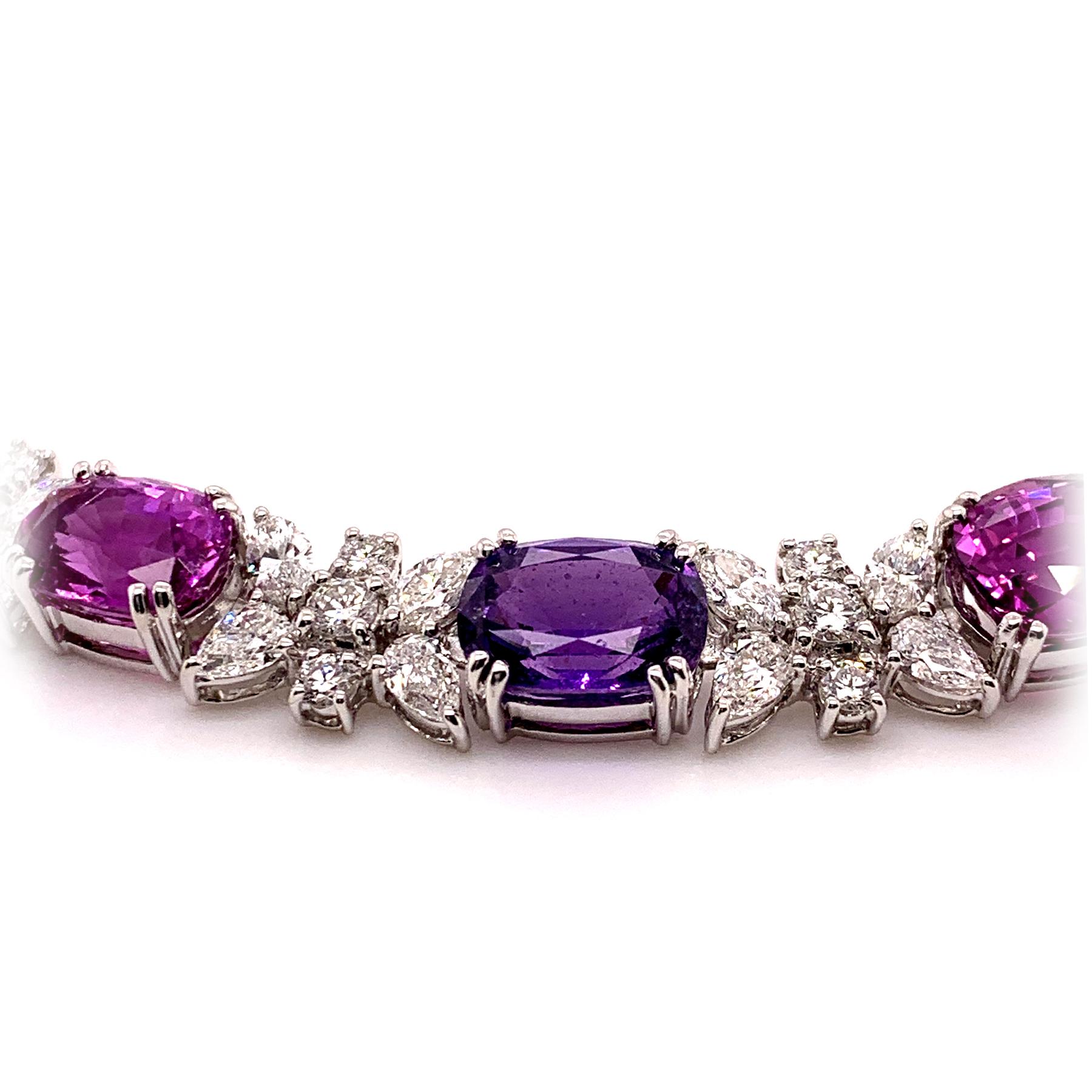 Contemporary 50.30 Carats Unheated Purple-Pink Sapphire Diamond Necklace For Sale