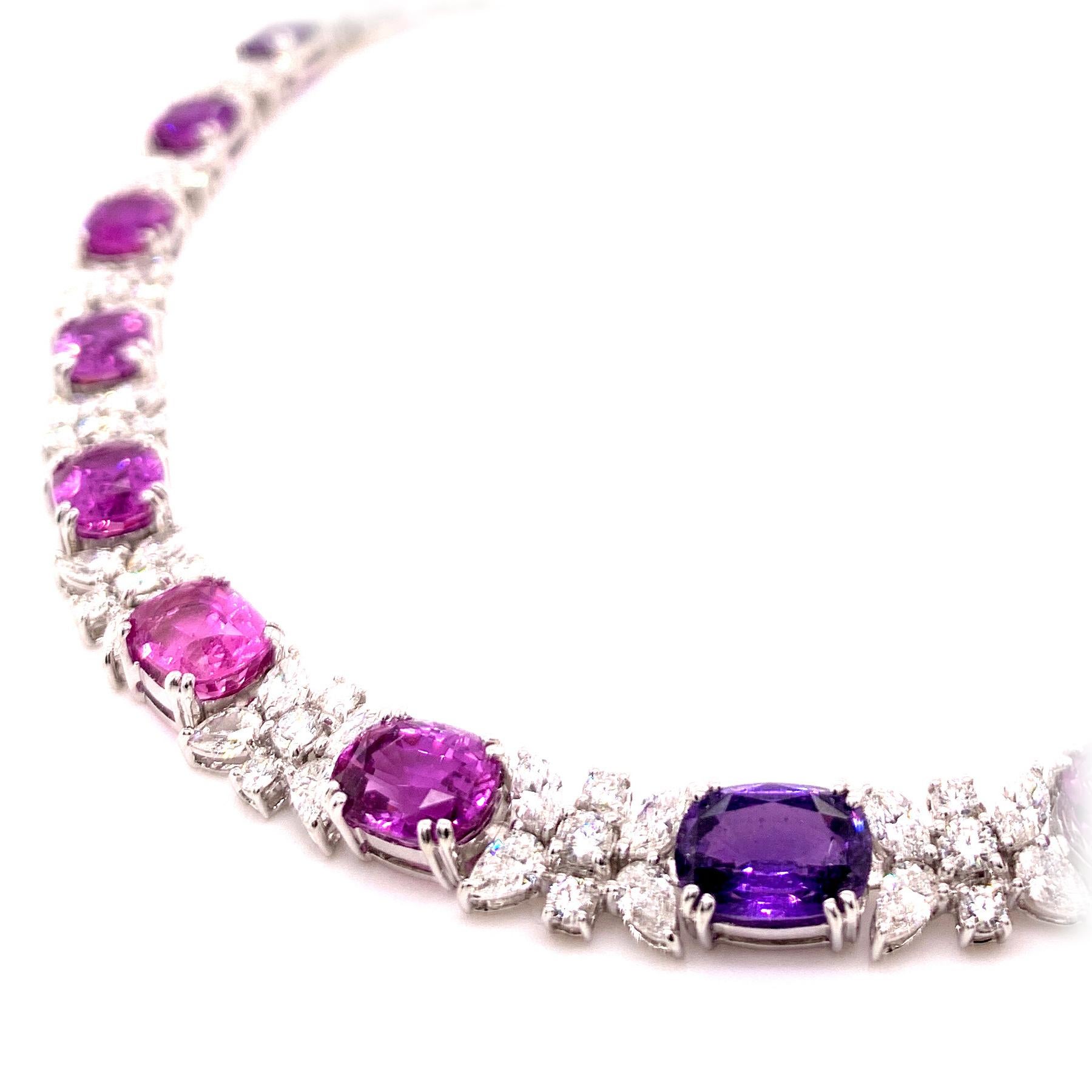 Oval Cut 50.30 Carats Unheated Purple-Pink Sapphire Diamond Necklace For Sale