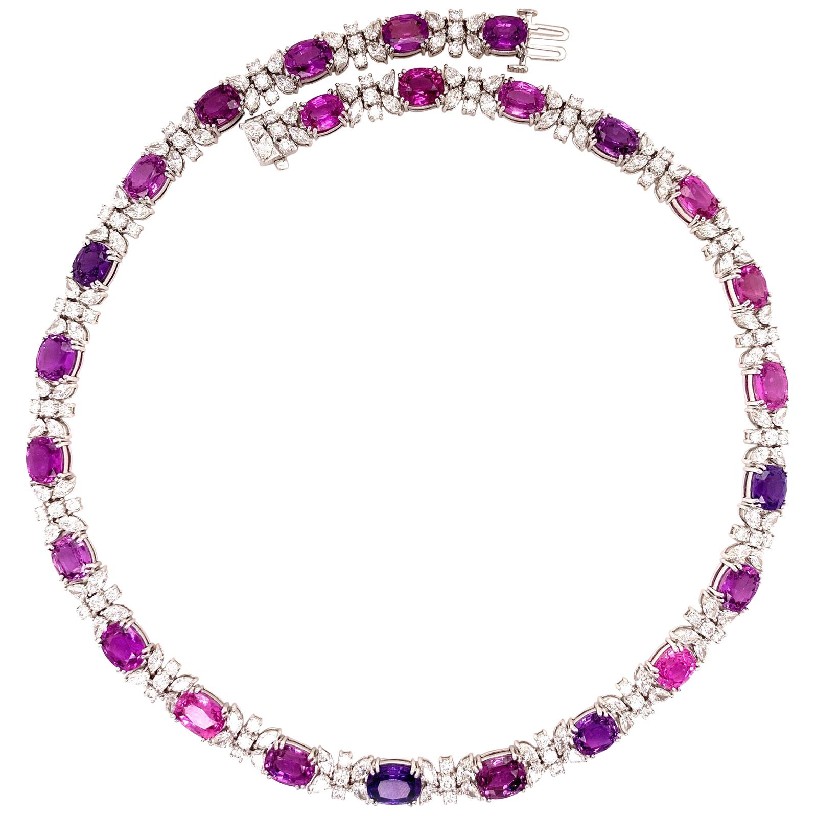 50.30 Carats Unheated Purple-Pink Sapphire Diamond Necklace For Sale