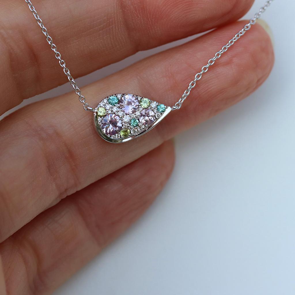 Women's Purple Sapphire Paraiba Tourmaline Demantoid Diamond Mosaic Pendant Necklace