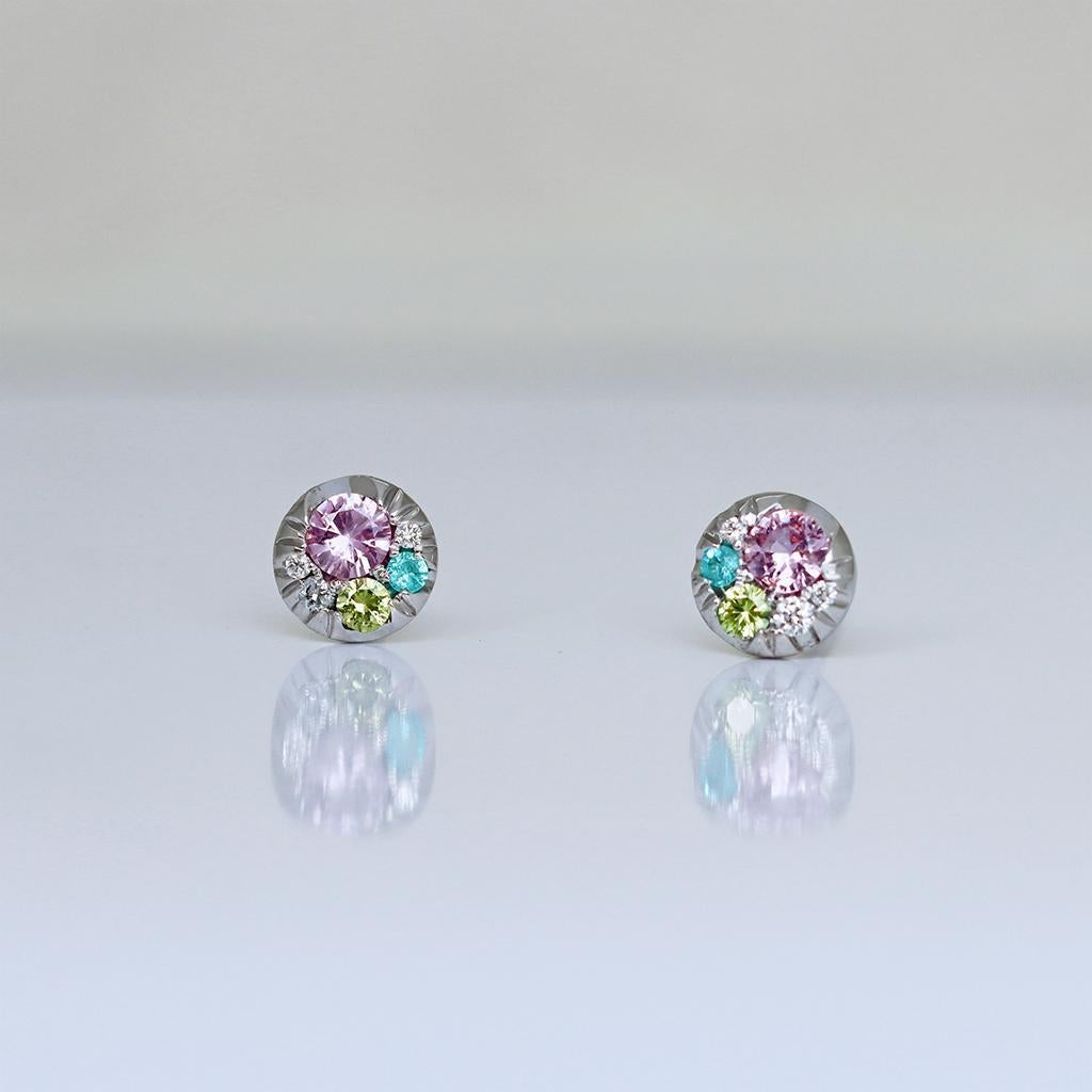 Contemporary Purple Sapphire Paraiba Tourmaline Demantoid Diamond Tiny Stud Earrings For Sale