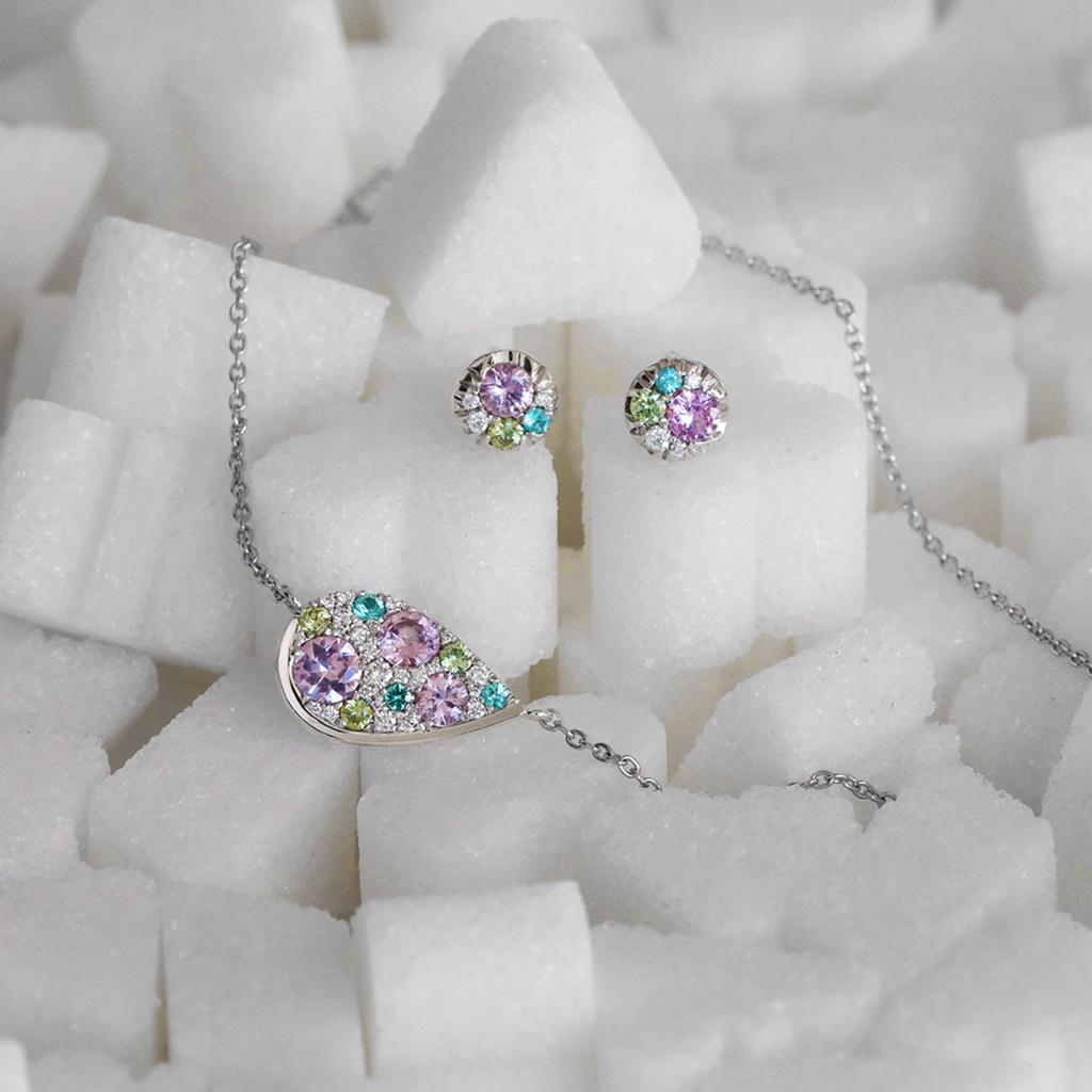 Purple Sapphire Paraiba Tourmaline Demantoid Diamond Tiny Stud Earrings For Sale 1