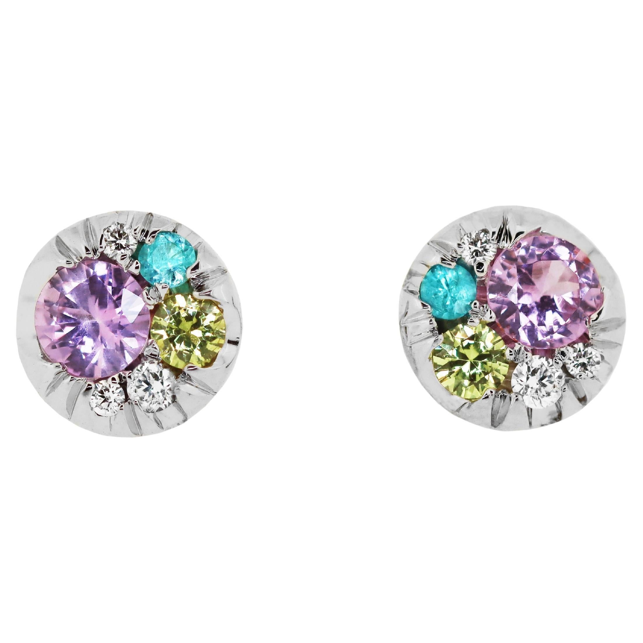 Purple Sapphire Paraiba Tourmaline Demantoid Diamond Tiny Stud Earrings For Sale