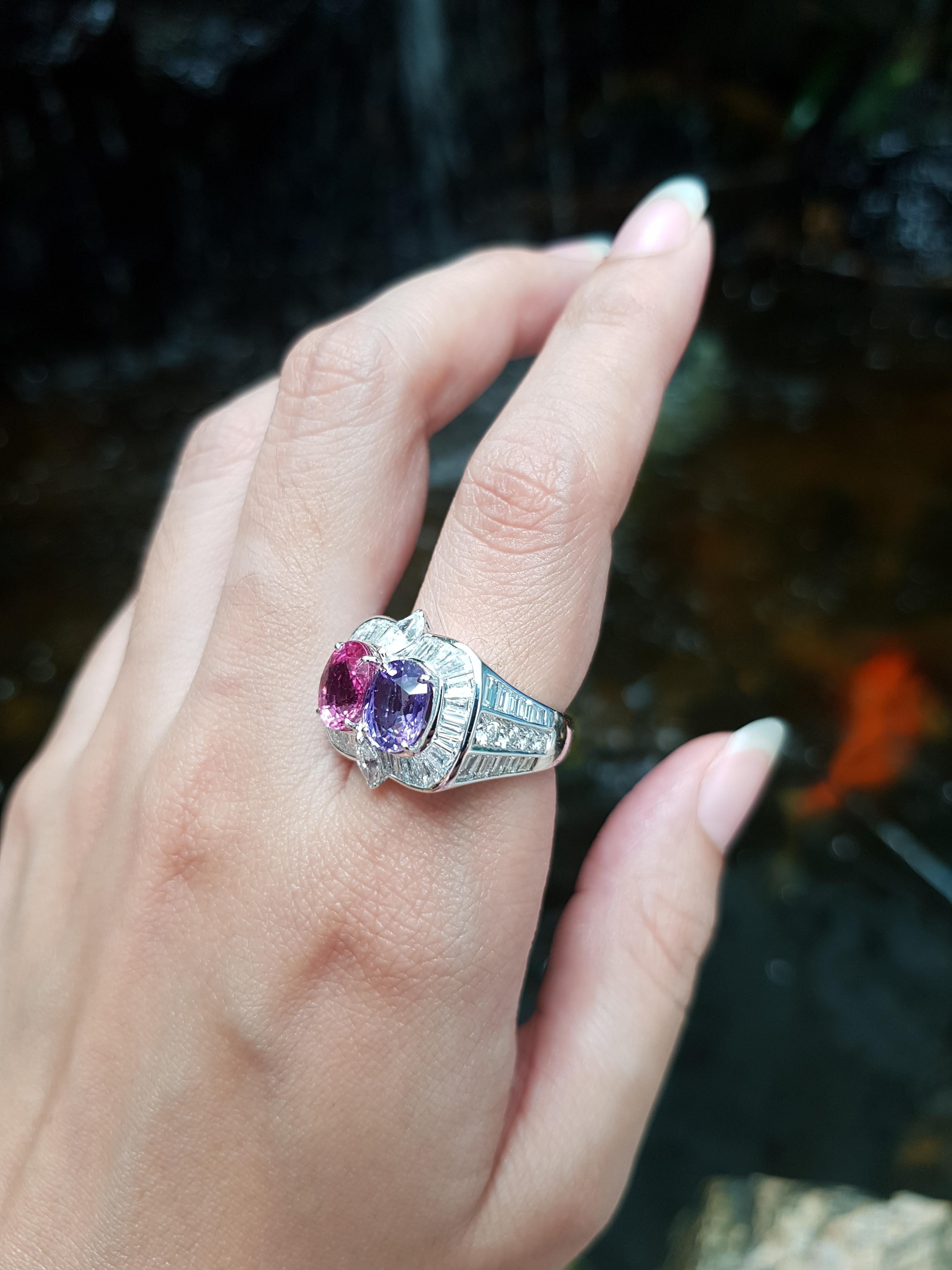 Purple Sapphire 2.38 carats, Pink Sapphire 2.20 carats and Diamond 2.76 carats Ring set in 18 Karat White Gold Settings

Width:  1.8 cm 
Length:  1.7 cm
Ring Size: 51
Total Weight: 14.0 grams

