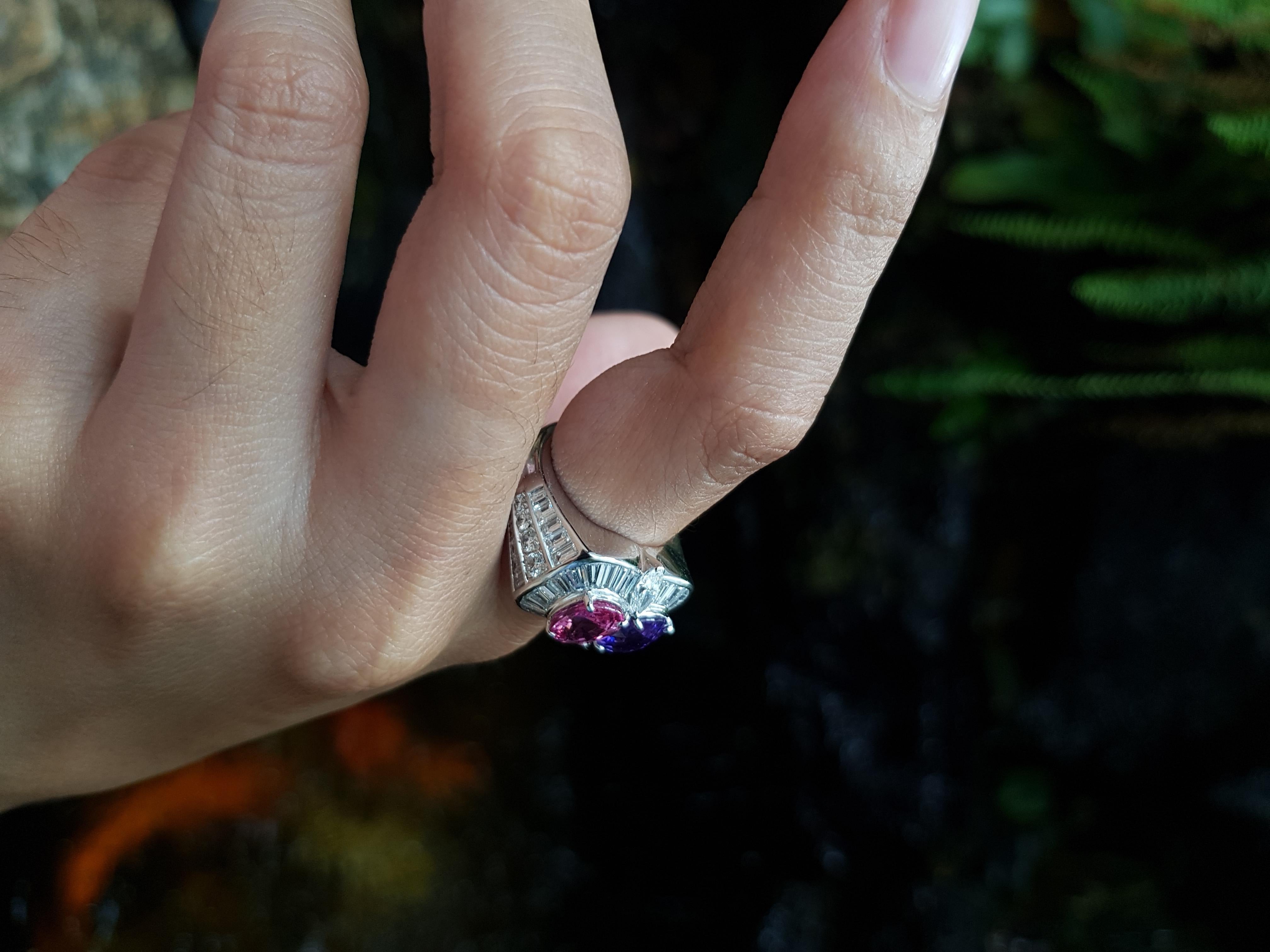 Mixed Cut Purple Sapphire, Pink Sapphire and Diamond Ring Set in 18 Karat White Gold For Sale