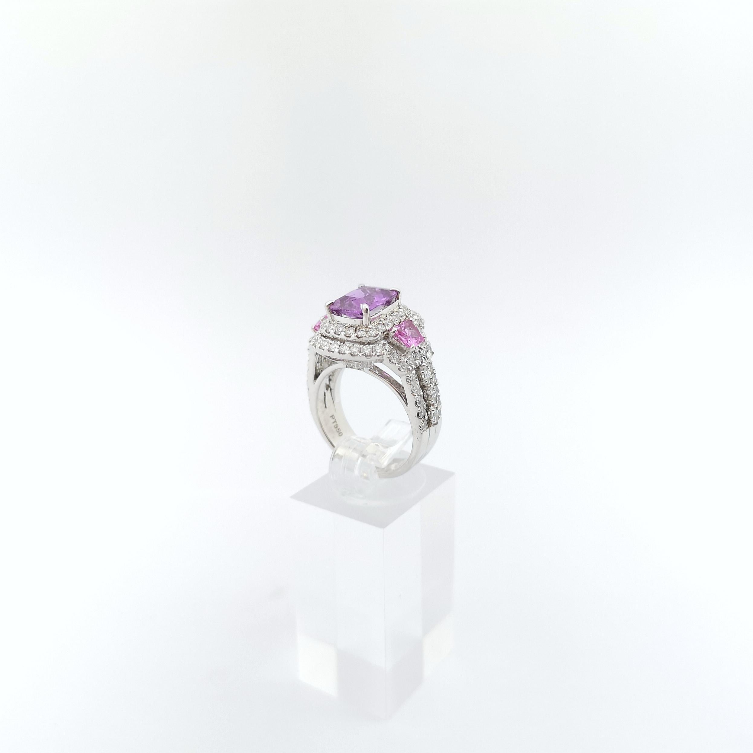 Purple Sapphire, Pink Sapphire and Diamond Ring set in Platinum 950 Settings For Sale 7