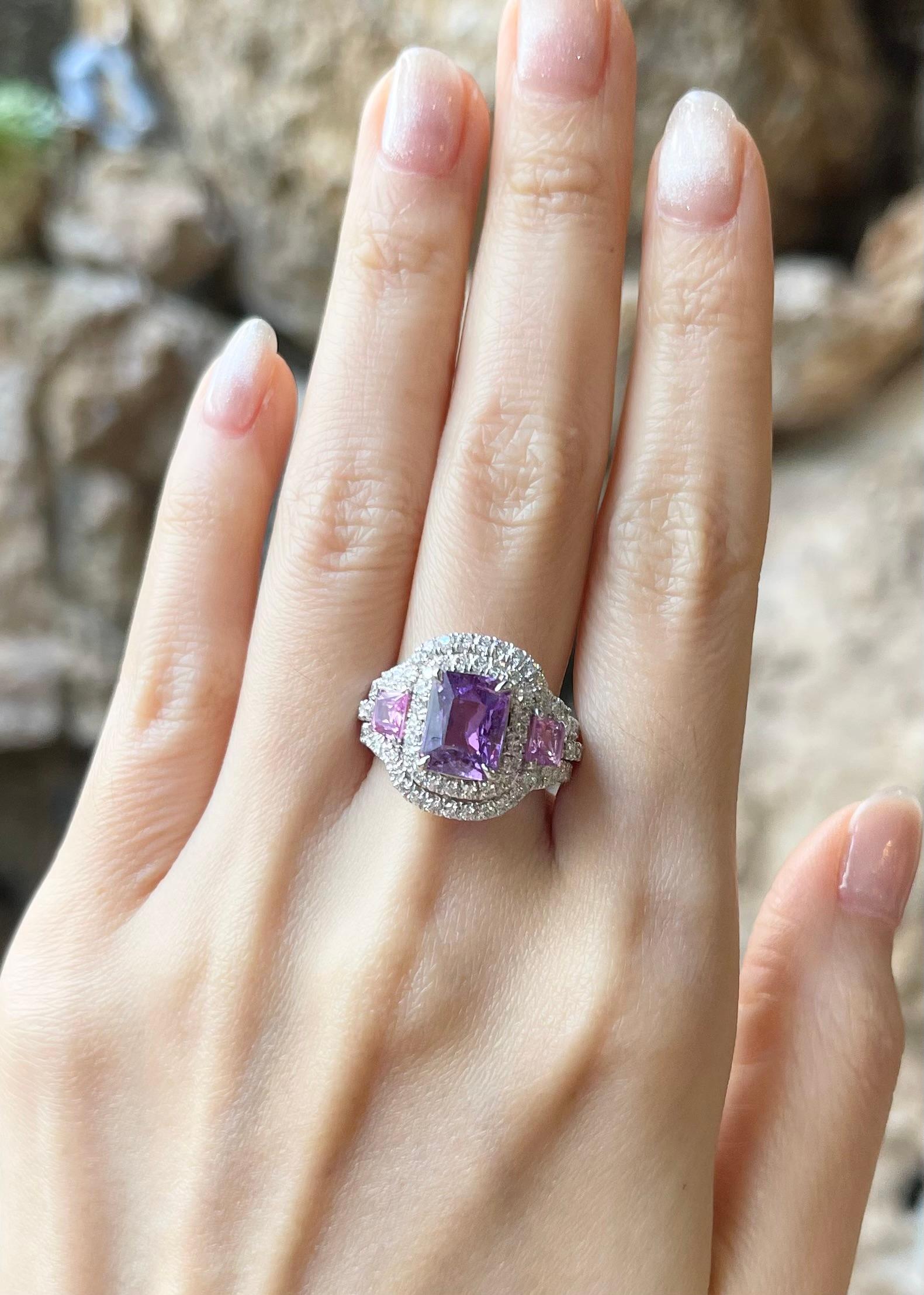 Purple Sapphire 2.63 carats, Pink Sapphire 1.27 carats and Diamond 1.22 carats Ring set in Platinum 950 Settings

Width:  1.8 cm 
Length: 1.7 cm
Ring Size: 54
Total Weight: 15.65 grams

