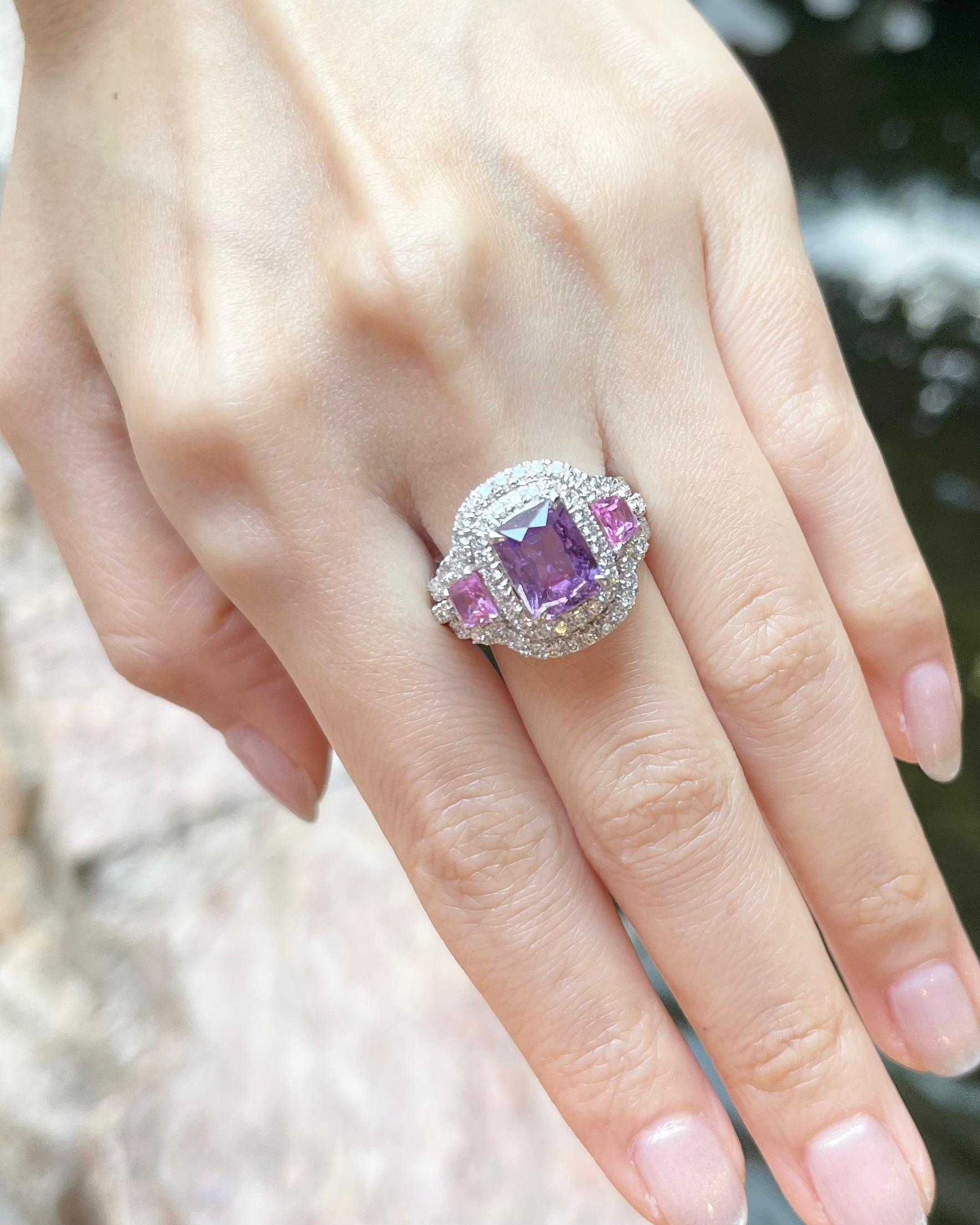 Emerald Cut Purple Sapphire, Pink Sapphire and Diamond Ring set in Platinum 950 Settings For Sale