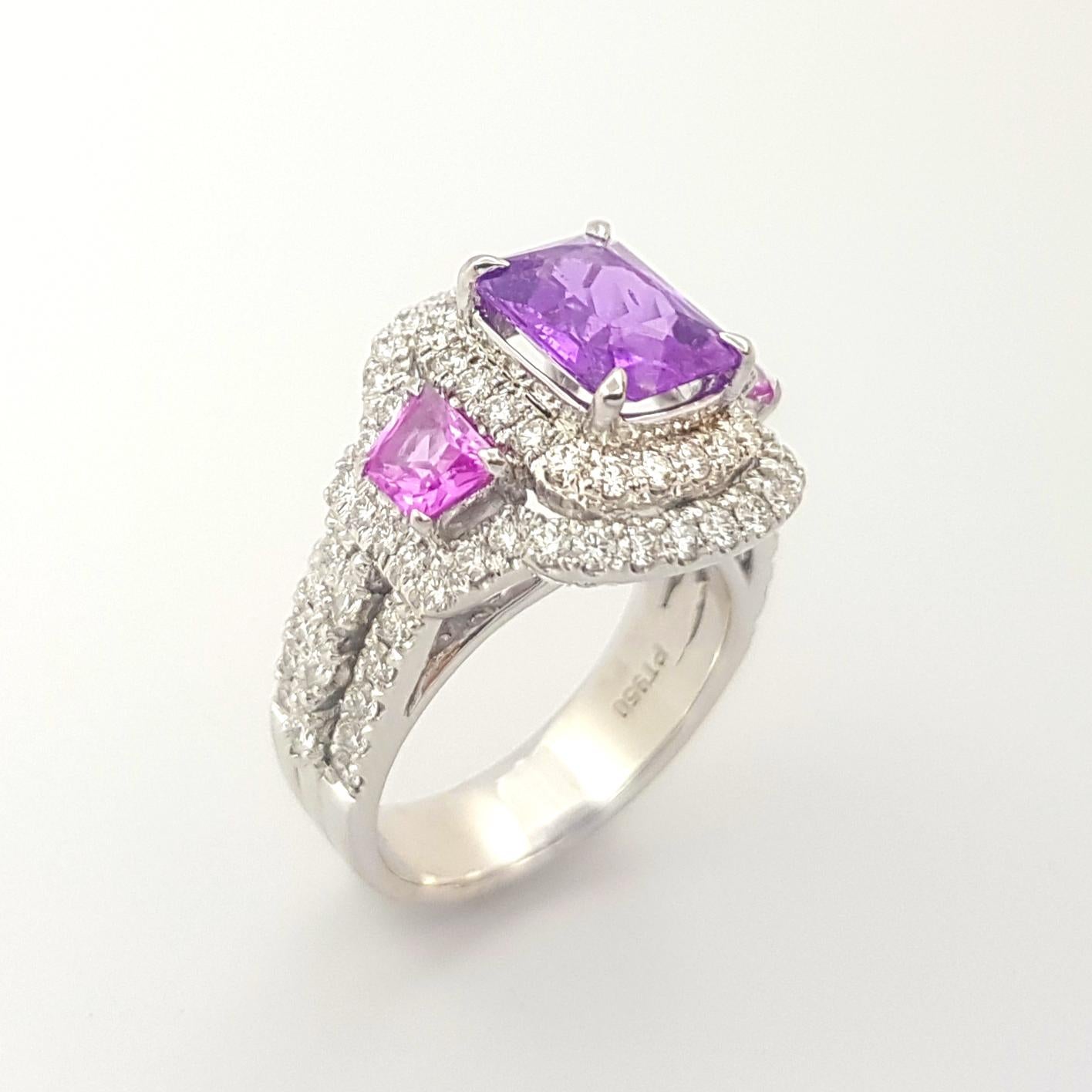 Purple Sapphire, Pink Sapphire and Diamond Ring set in Platinum 950 Settings For Sale 1