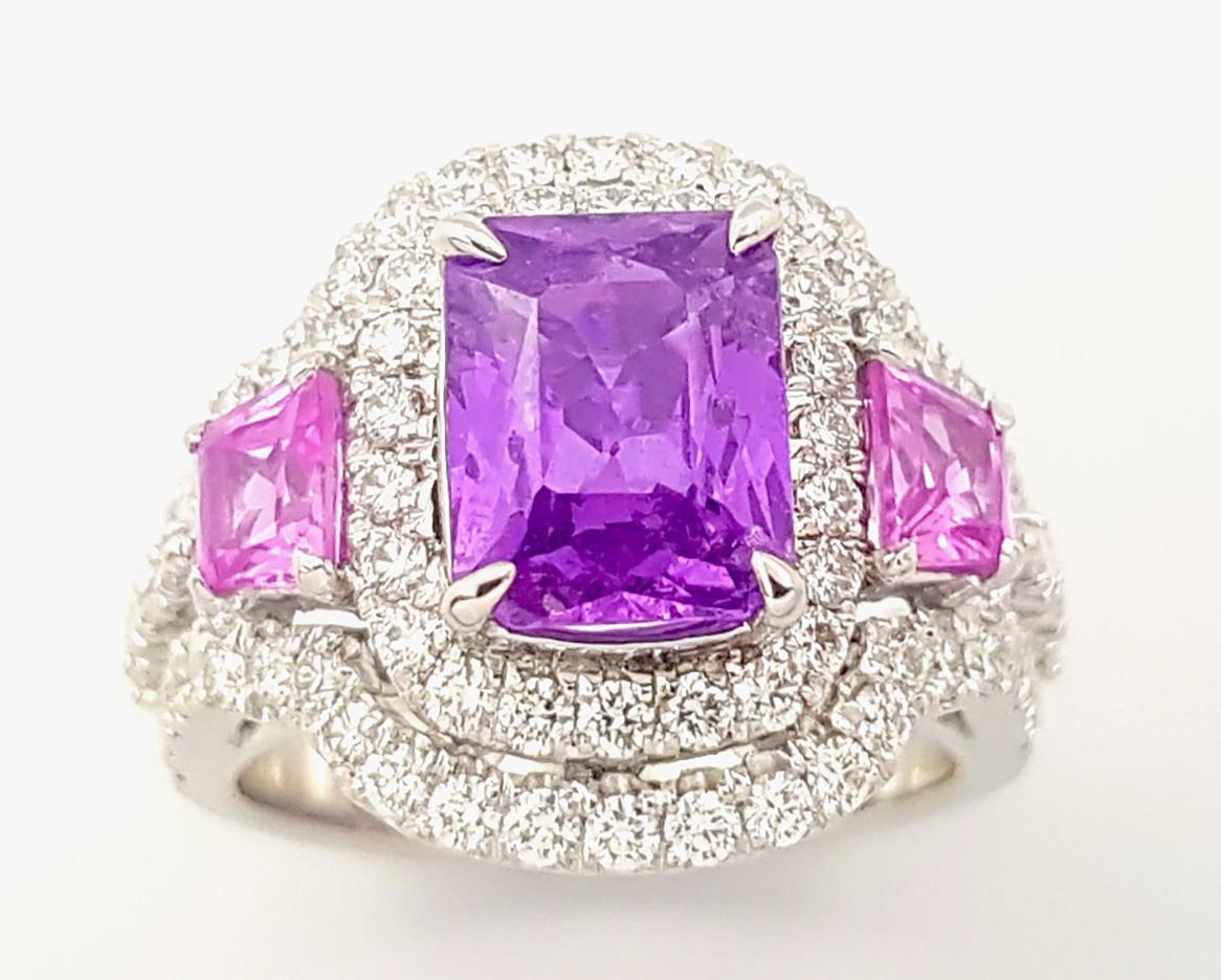 Purple Sapphire, Pink Sapphire and Diamond Ring set in Platinum 950 Settings For Sale 2